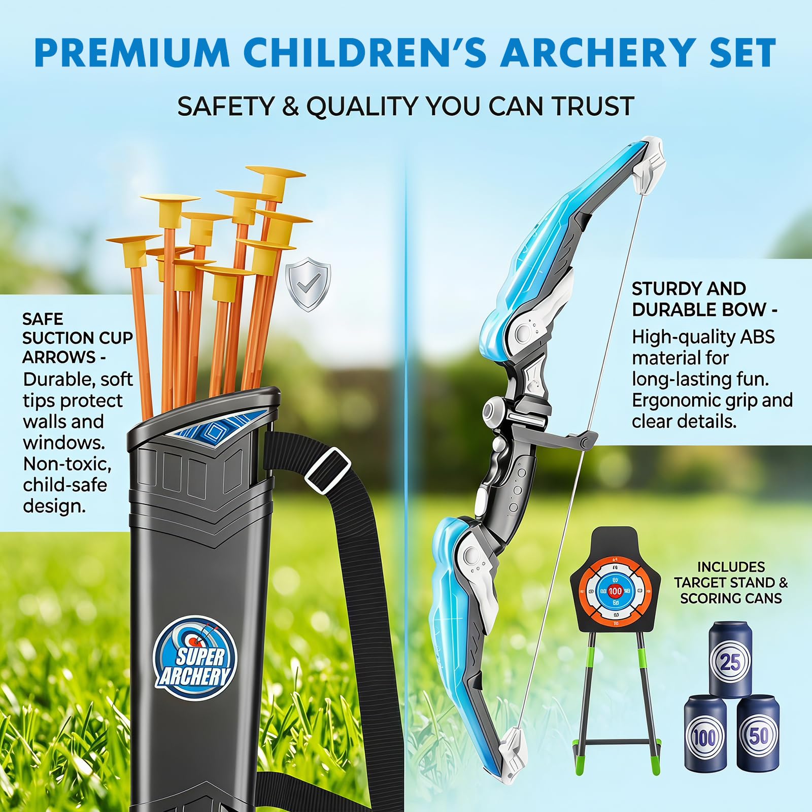 CEWROM Set di frecce e arco per bambini | Set per tiro con l'arco con luci a LED, include 10 frecce con ventosa, caraffa e bersaglio in piedi, per ragazzi e ragazze