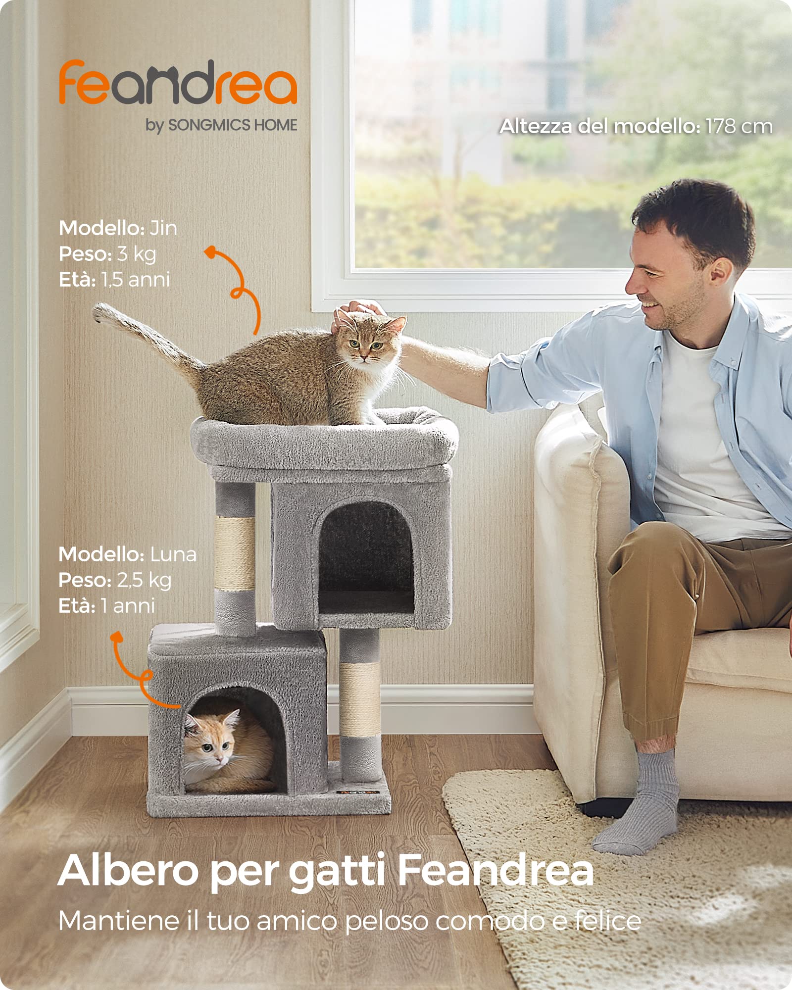 Feandrea Albero per Gatti, 67 cm, Tiragraffi, S, Condominio per Gattini Fino a 3 kg, Ampio Posatoio, 2 Grotte, Graffiatoio, Grigio Chiaro PCT611W01