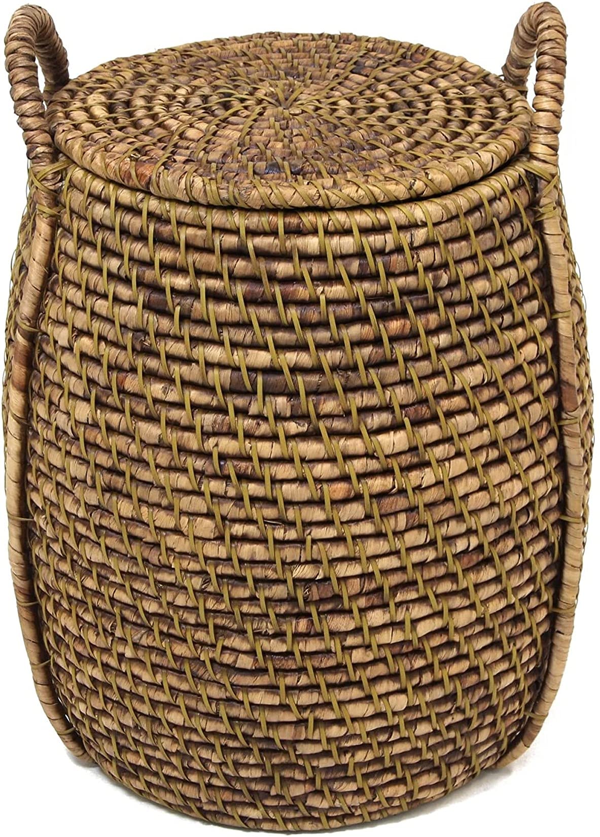 Dekoleidenschaft Wäschekorb "Oriental Heat", geflochten aus Seegras, Bambus und Wasserhyazinthe, Wäschesammler mit Deckel, großer Aufbewahrungskorb, Wäschetonne, Flechtkorb, Schmutzwäsche-Behälter