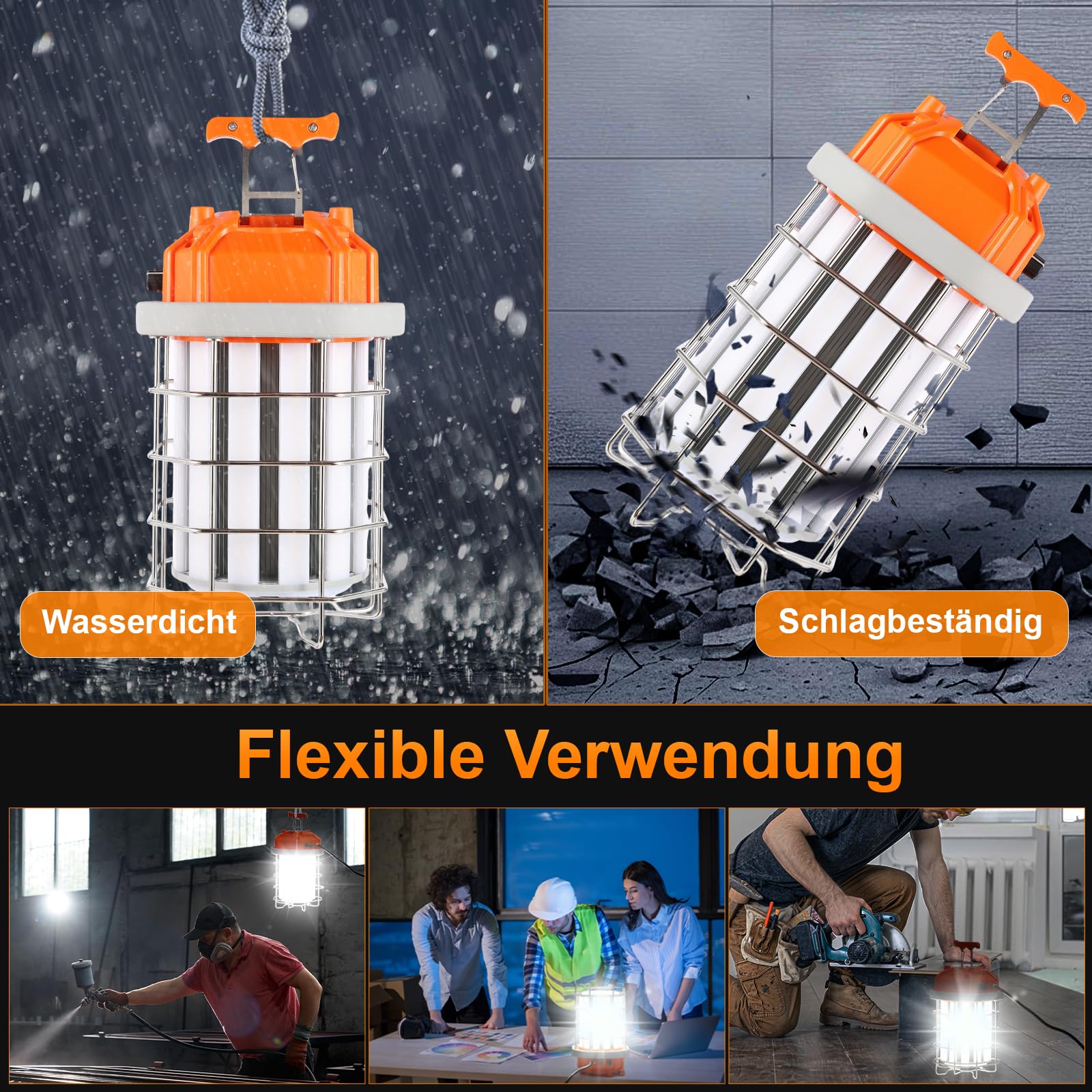 Foco LED para obras de construcción, 100 W, luz de trabajo portátil, 14000 lm, iluminación de 360°, IP64, resistente al agua (100 W, 14000 lúmenes)