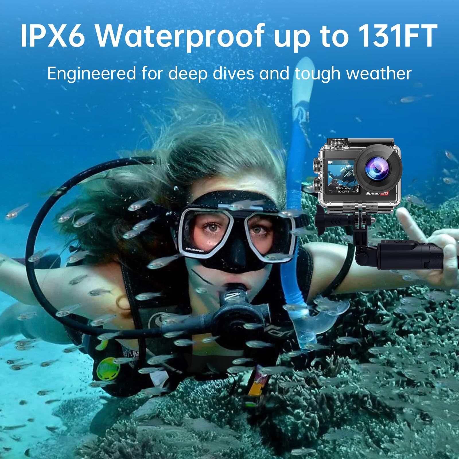 Action Camera 4K 60FPS with Touch Screen 20MP Waterproof Camera Underwater 131FT with EIS for Snorkeling Helmet Bike 170° Wide Angle Remote WiFi 5XZoom