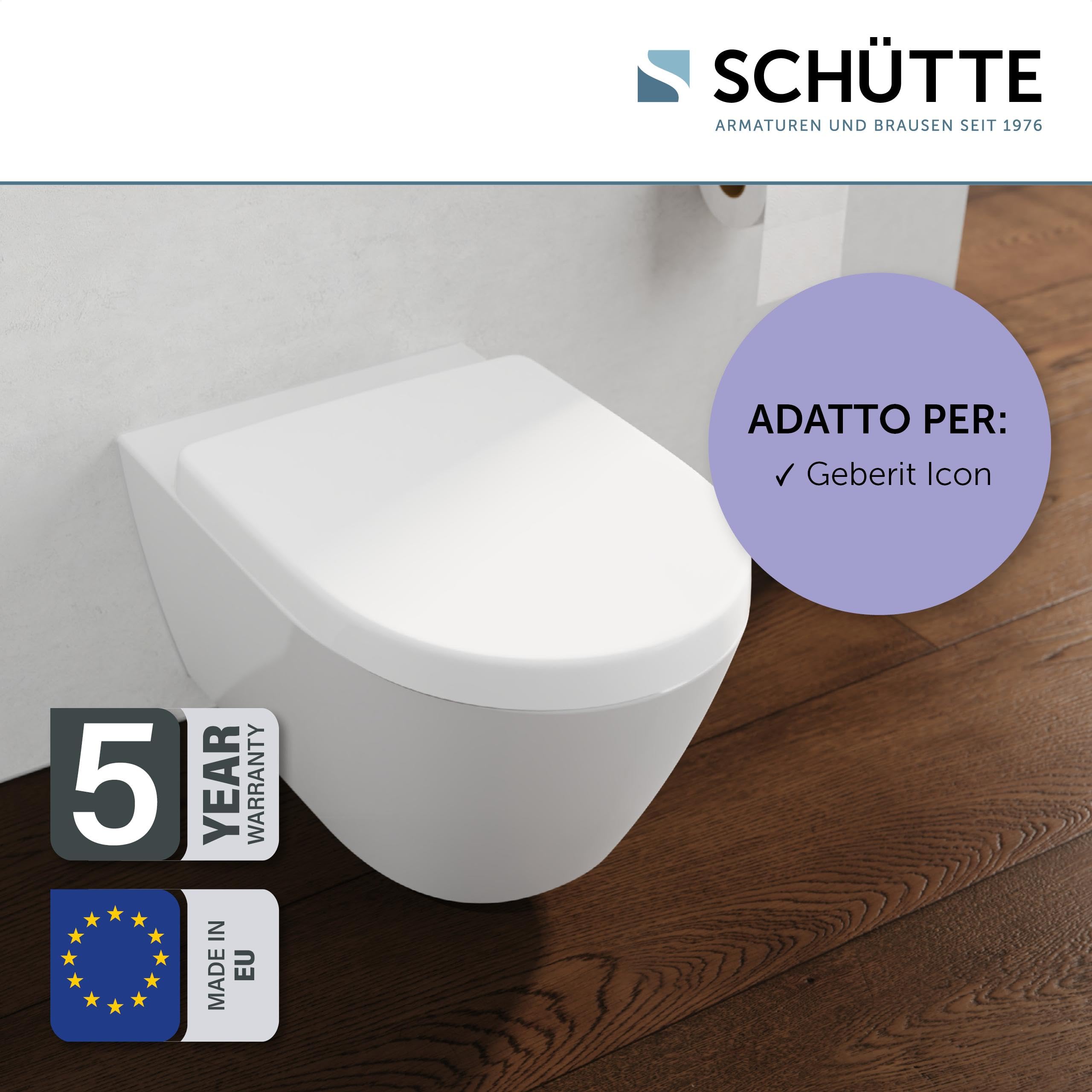 SCHÜTTE Sedile WC adatto per Geberit Icon, con abbassamento automatico, made in EU, coperchio rimovibile in termoindurente infrangibile, coperchio WC e occhiali fino a 250 kg, bianco