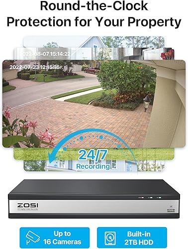 Miniatura 7 de ZOSI H.265+ Sistema de cámara de seguridad de 16 canales 1080p, grabadora DVR híbrida con disco duro de 2 TB y cámara CCTV Bullet de 16 x 2MP para