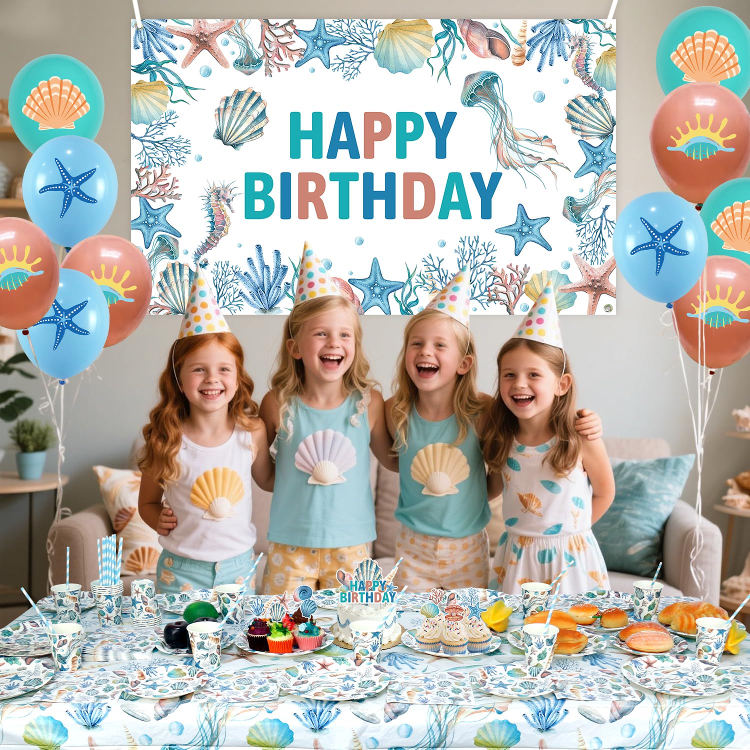 Decorazioni di compleanno a conchiglia – accessori per feste tra cui striscioni, piatti, decorazioni per torte, bicchieri, tovaglioli, palloncini, tovaglioli, tovaglioli, tovaglia – per 20
