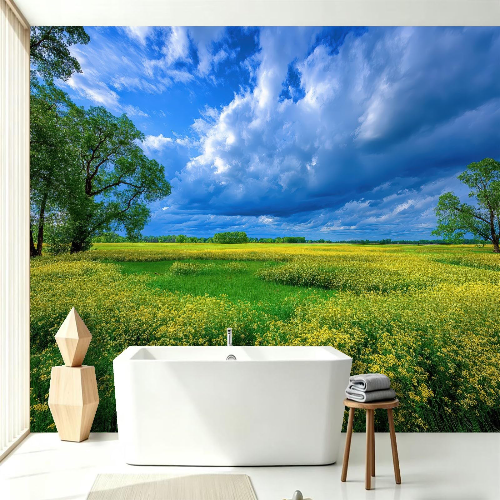Carta da parati in tessuto non tessuto, 400 x 280 cm, decorazione da parete per sala da pranzo, corridoio, facile da montare, paesaggio, campo di colza, cielo, fiori