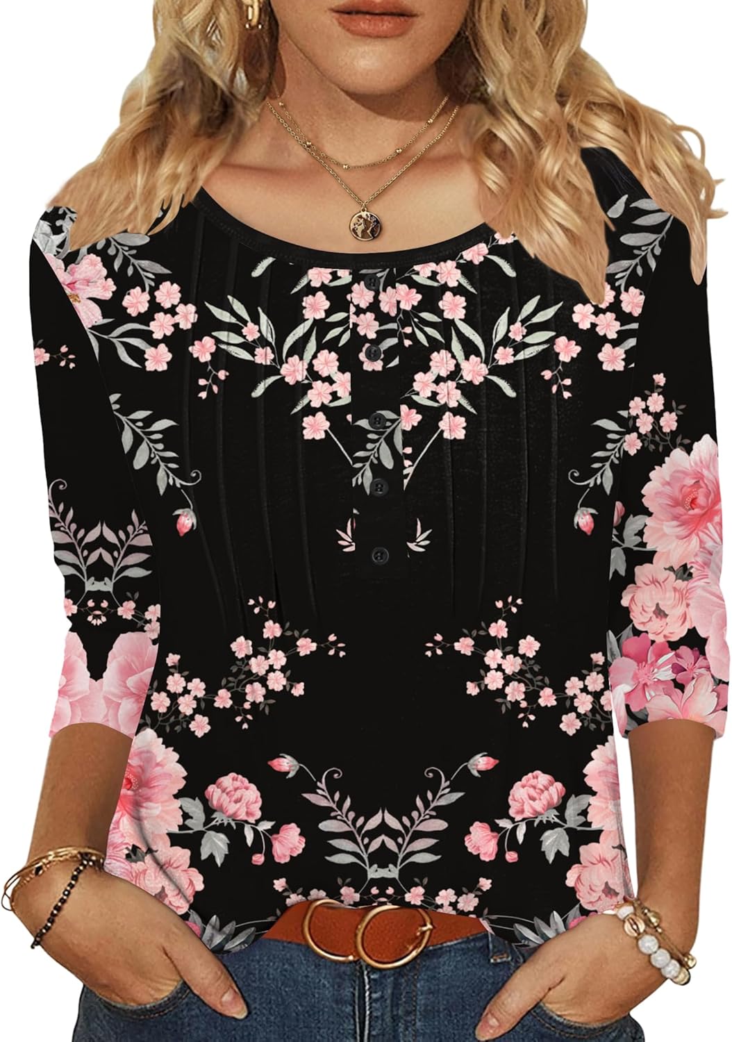 Zeagoo 3/4 Length Sleeve Womens Tops Round Neck Casual Summer Tunic Tops Basic Tees Blouses Dressy T-Shirts Pleated Shirts - Image 4