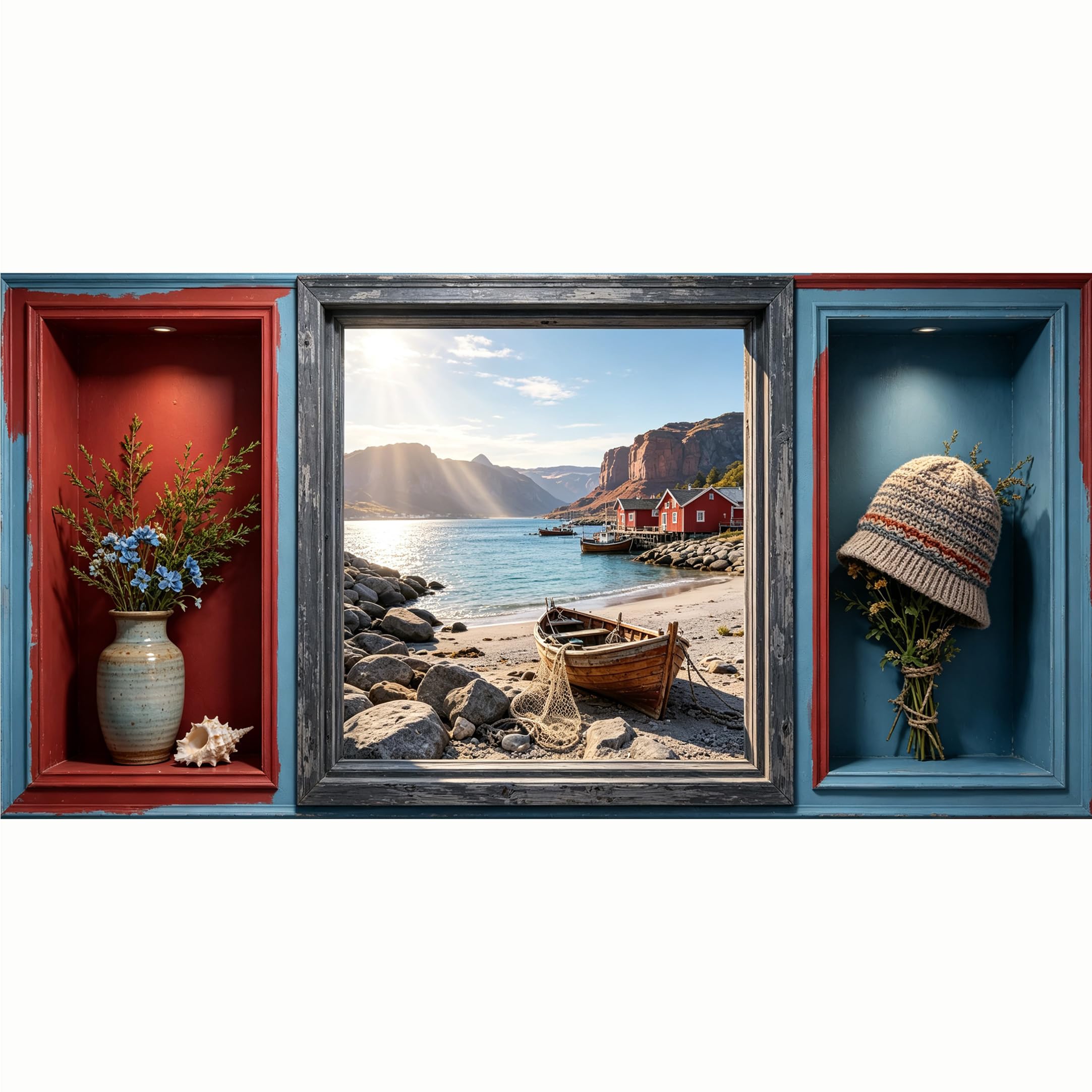 QZLITHOTIC 50x100cm 3D Framed Wall Art， Coastal Nordic Fishing Village Boat Landscape Self‑Adhesive Mural， Water‑Activated Peel & Stick Fabric Decor Wall Decal for Bedroom Living Room