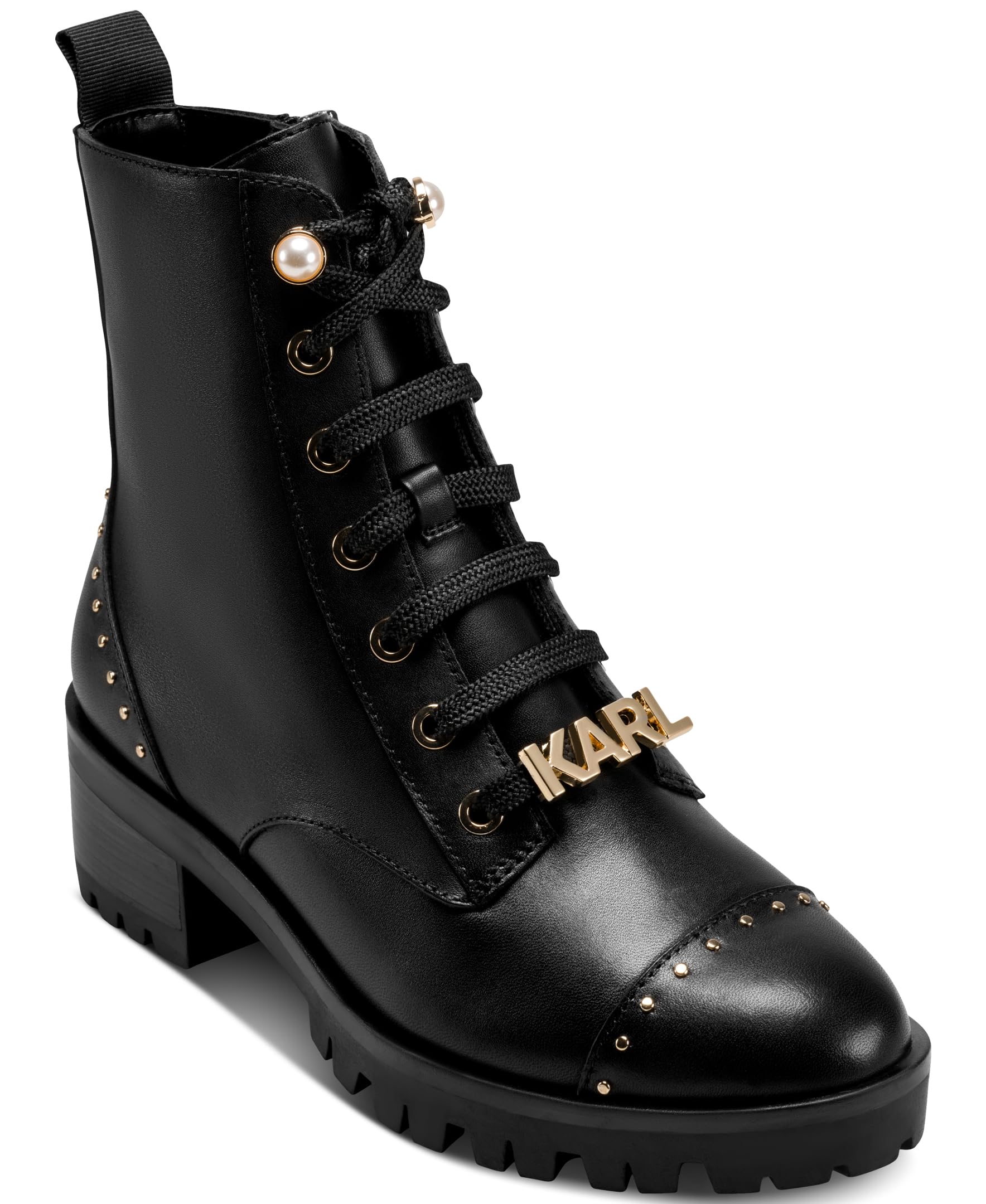 KARL LAGERFELD womens Prue Lace Up Combat Boot With Pearl Embellishments and Karl Hardware