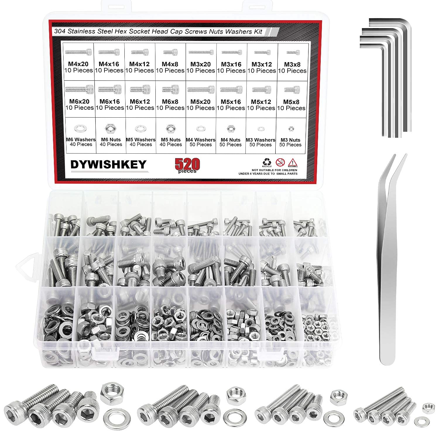 DYWISHKEY 520 PCS M3 M4 M5 M6, 304 Stainless Steel Hex Socket Head Cap Bolts Screws Nuts Washers Assortment Kit with Hex Wrenches