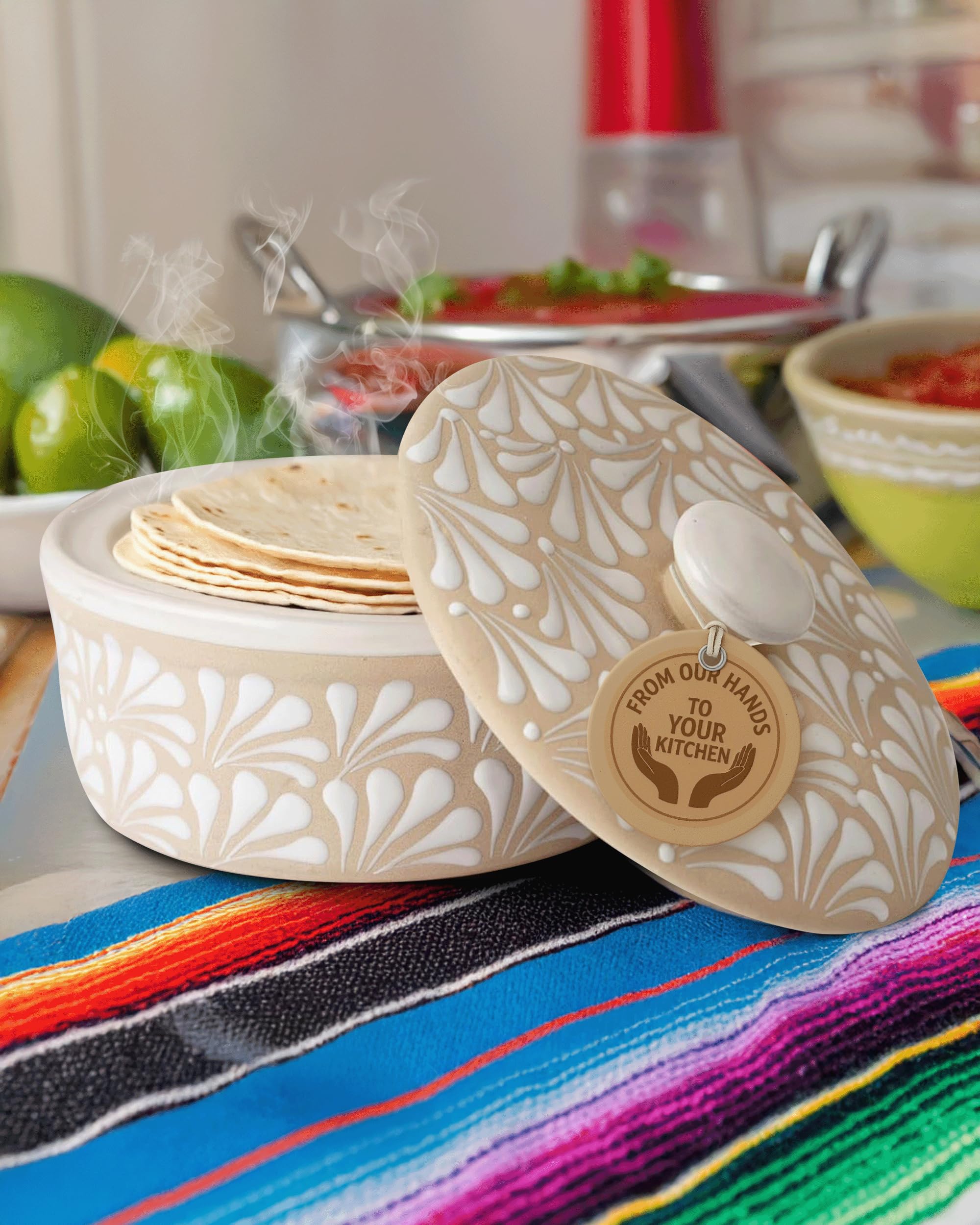 Ceramic Tortilla Warmer, Handmade Talavera Mexican Pottery Puebla Tortilla Holder, Keeps Warm for Tacos Tuesday, Stews, Casseroles, Burritos, Pasta, Microwave Safe, Bowl With Lid, Tortilleros