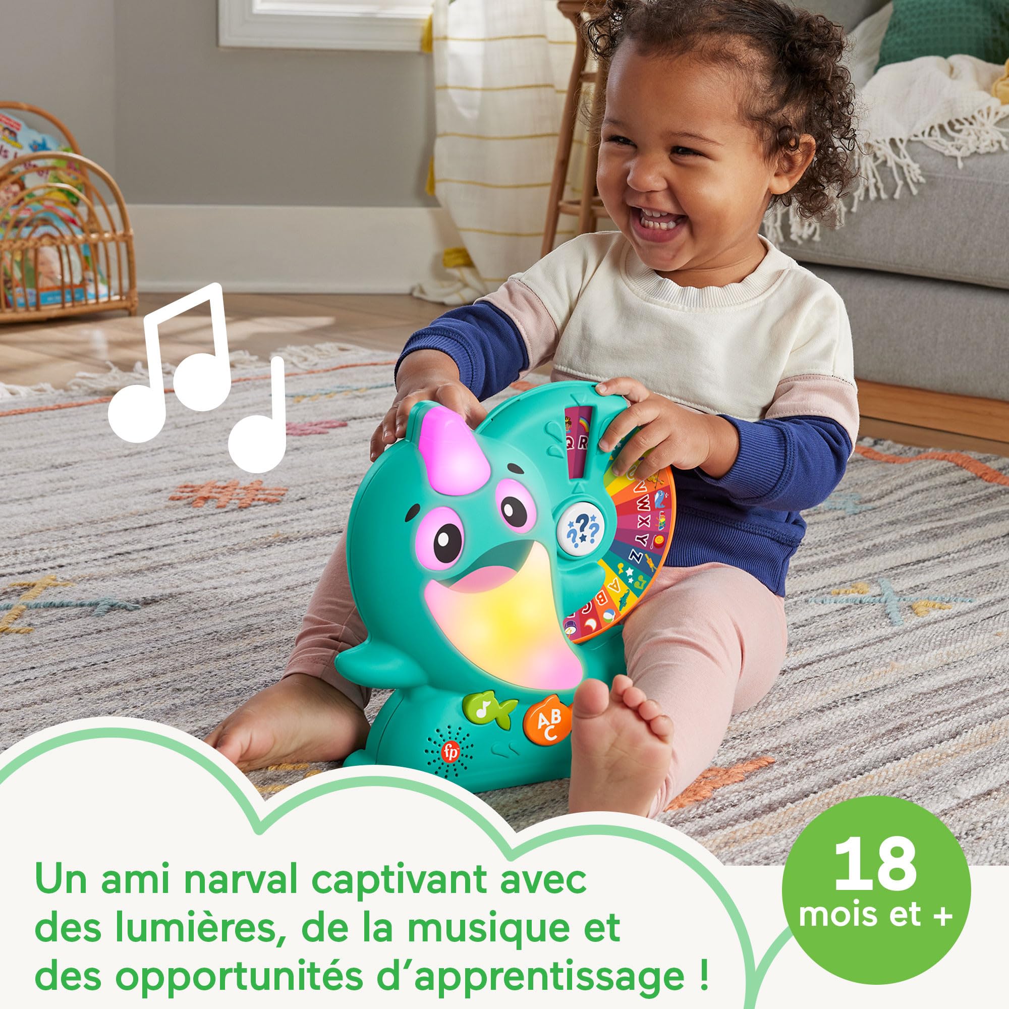 Fisher-Price Jouet Linkimals Solal Le Narval - Jeu Interactif pour Bébé 18 Mois et Plus - Jouet Educatif Musical et Lumineux pour Apprendre Les Chiffres et Les Lettres - Version Française, HRC56