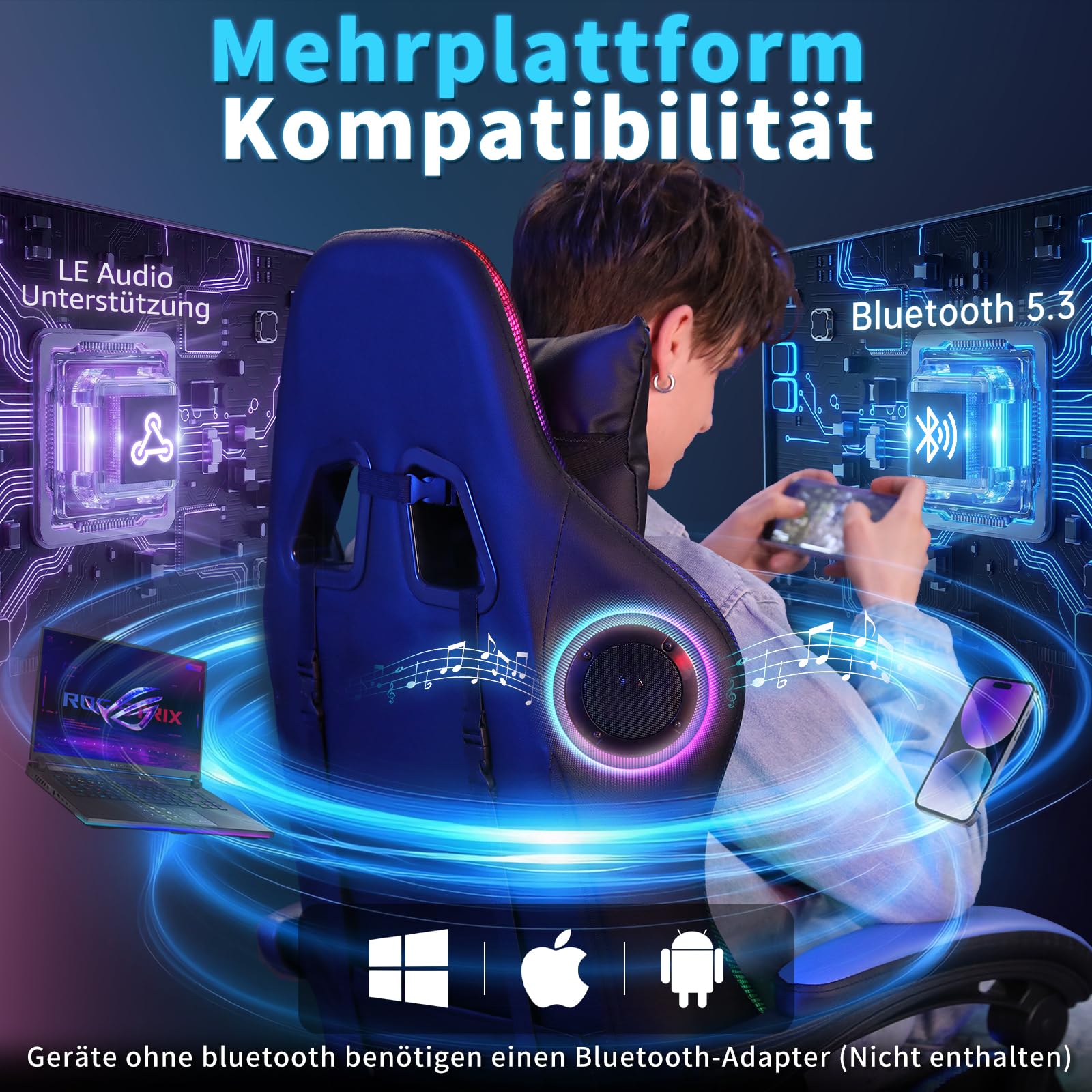 LED Gaming Stuhl mit Lautsprechern 135°Computer Stuhl mit RGB Lichter-Blau | Bluetooth Spielstuhl mit Massage Lumbalstütze;Liegestühle mit Fußbrett;PC Gaming Sessel für Erwachsene Gaming Arbeit Lernen