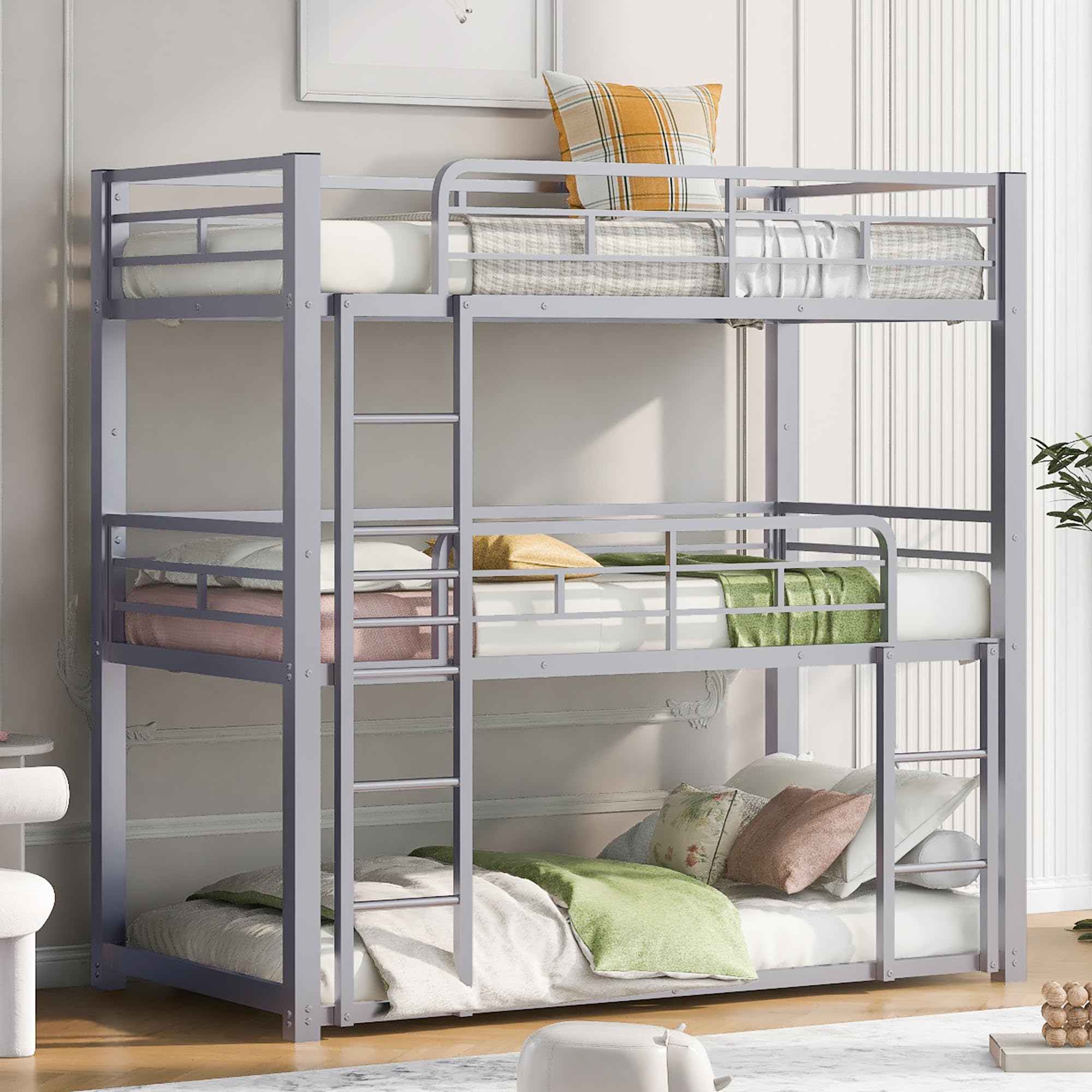 Bunk Beds, Metal Bunk Bed, Triple Bunk Bed for Kids,Teens, Adults, Girls, Boys, Detachable BunkBed Can Be Divided into 3 Twin Beds,No Box Spring Need (Silver)