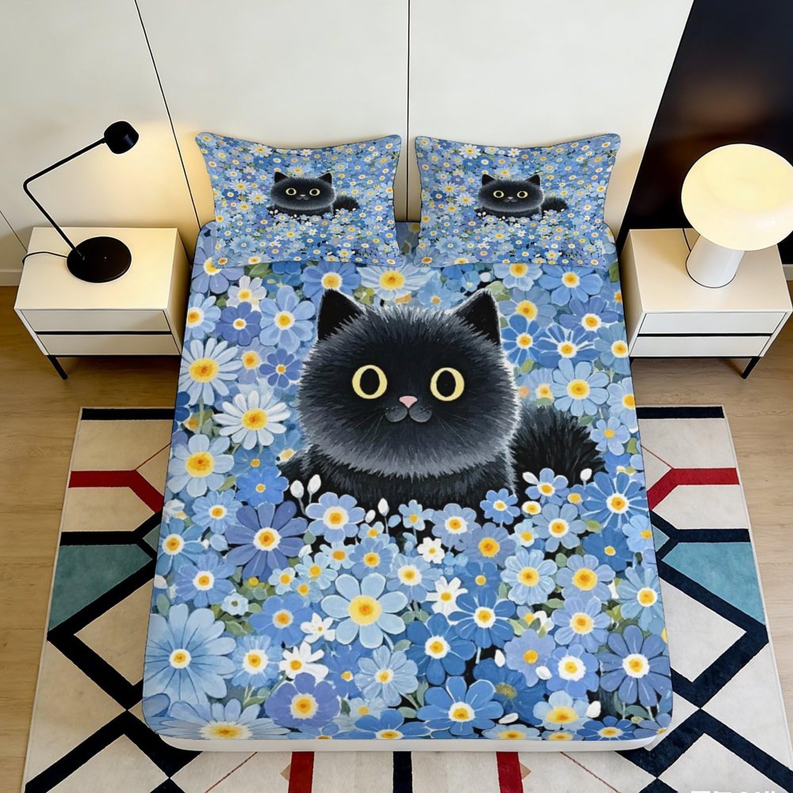 3D Printed Black Cat Floral Fitted Sheet Microfiber Soft Blue Daisy Mattress Cover for Bedroom Guest Room Decor 90x200x25cm