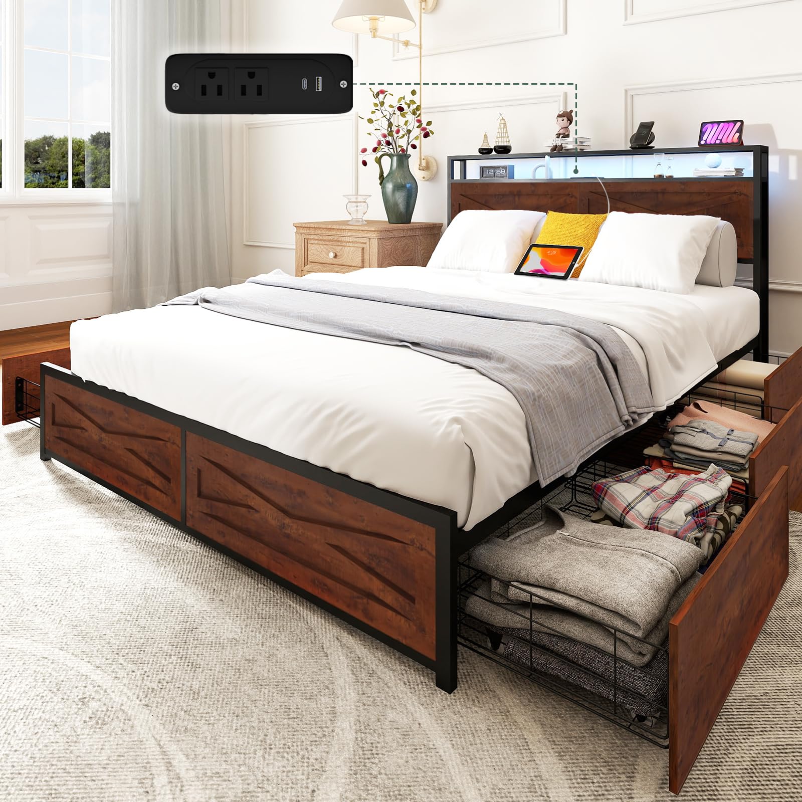 Zevemomo Full Bed Frame with Storage Drawers, Farmhouse Full Size Bed Frame with Headboard, Built-in Charging Station & LED Lights, No Box Spring