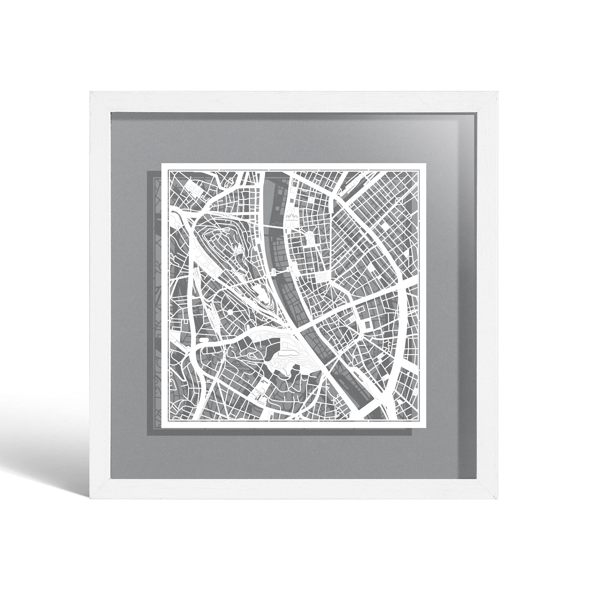 O3 DESIGN STUDIO Budapest Paper Cut Map framed, White map, White frame, 23x23 cm, Gift Boxed, 4 background color, self-changing, Paper Art