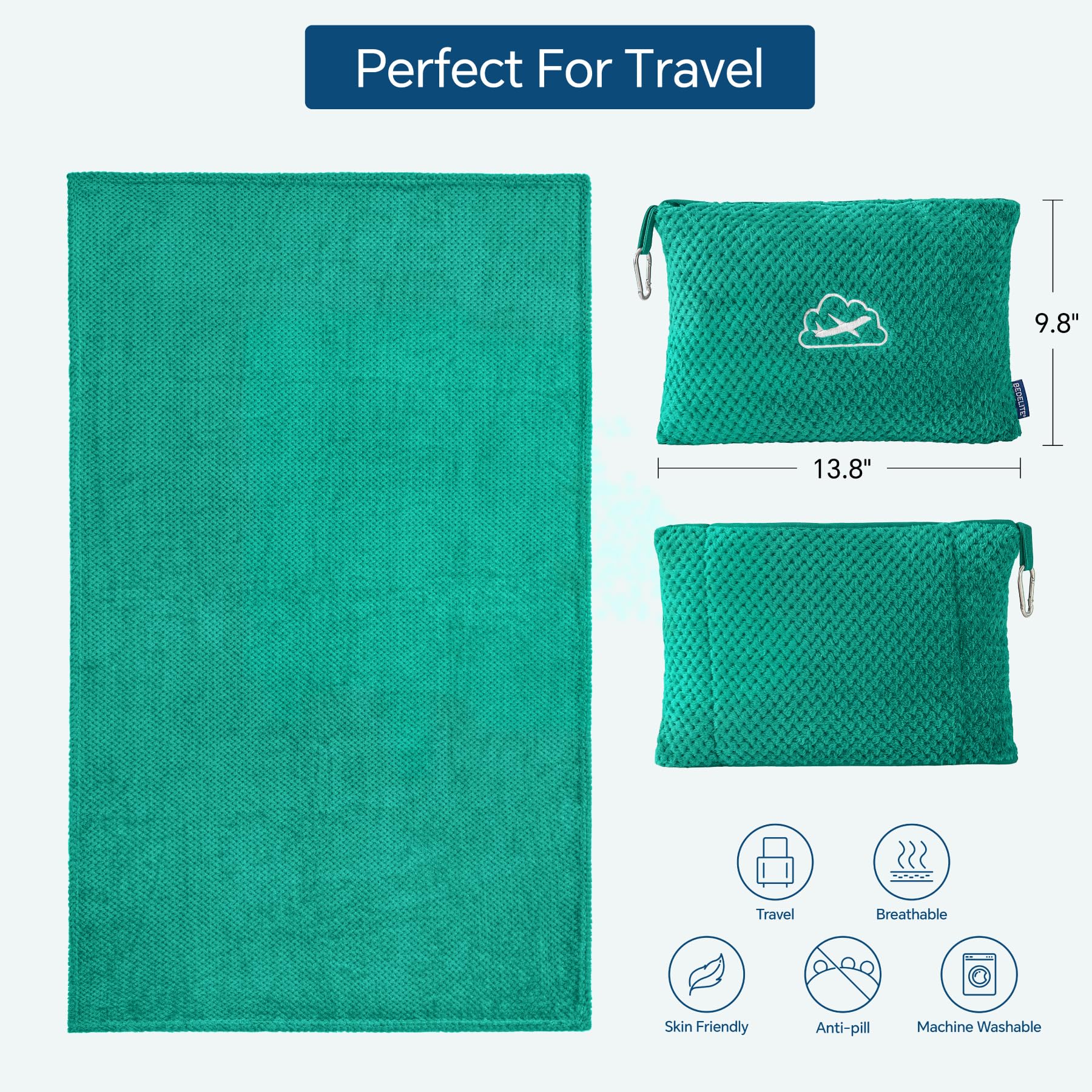 BEDELITE Travel Blanket with Bag, Jacquard Fleece Blanket 65"x40", Teal view 3