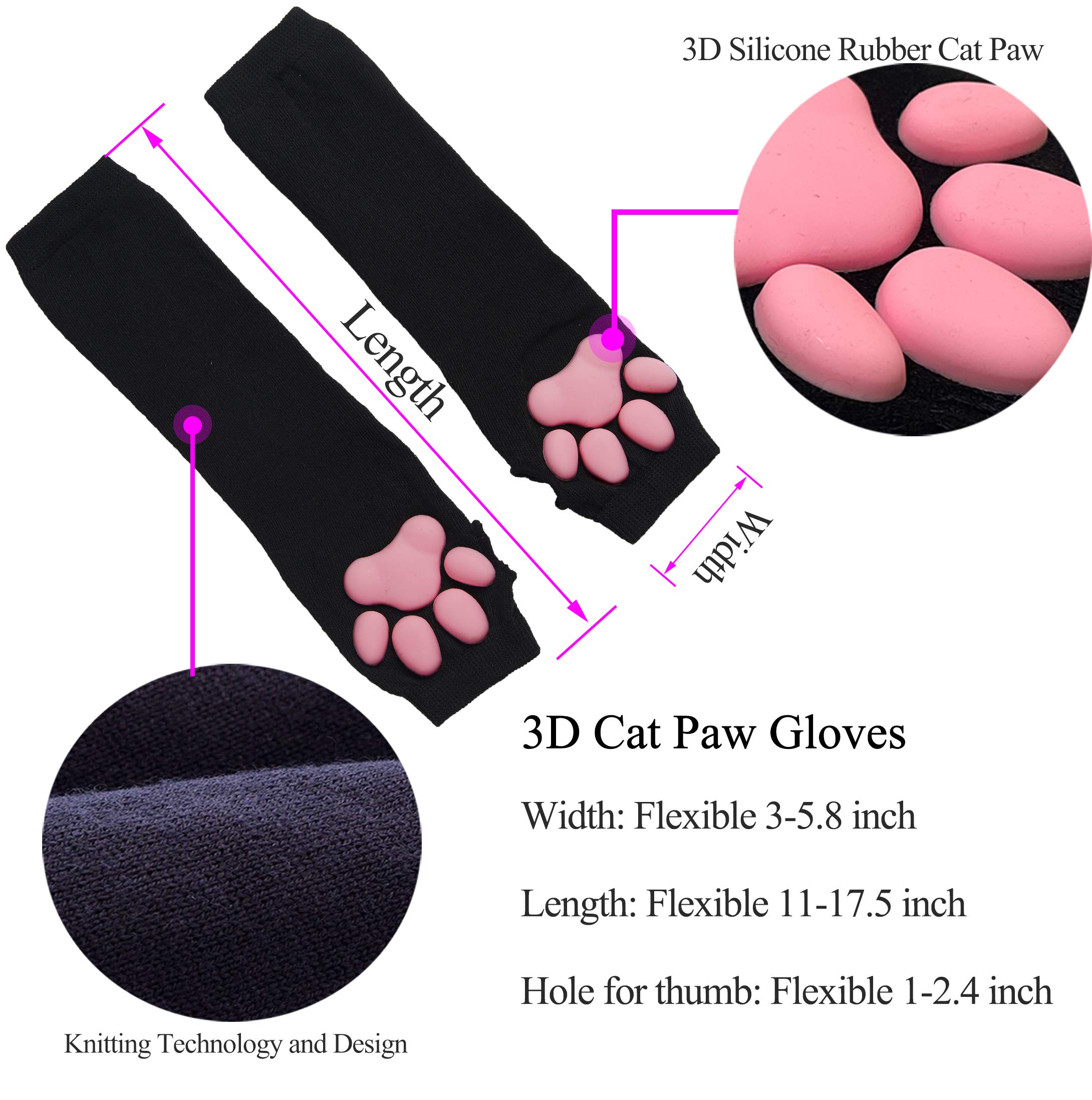 SIROLISA 3D Silicone Cat Paw Mittens Gloves with Ears Tails Cute Paw Toes Beans Socks High Stockings Set for Women Girls Halloween Christmas Cosplay (BLACK GLOVES) - Image 3