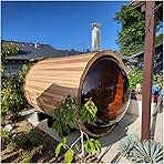 ZONEMEL Barrel Steam Sauna Room with Panoramic View, Canadian Red Cedar Outdoor Sauna with Wood Shingle Roof, Wood-Fired Stove, 8 Person, 8mm Tempered Glass