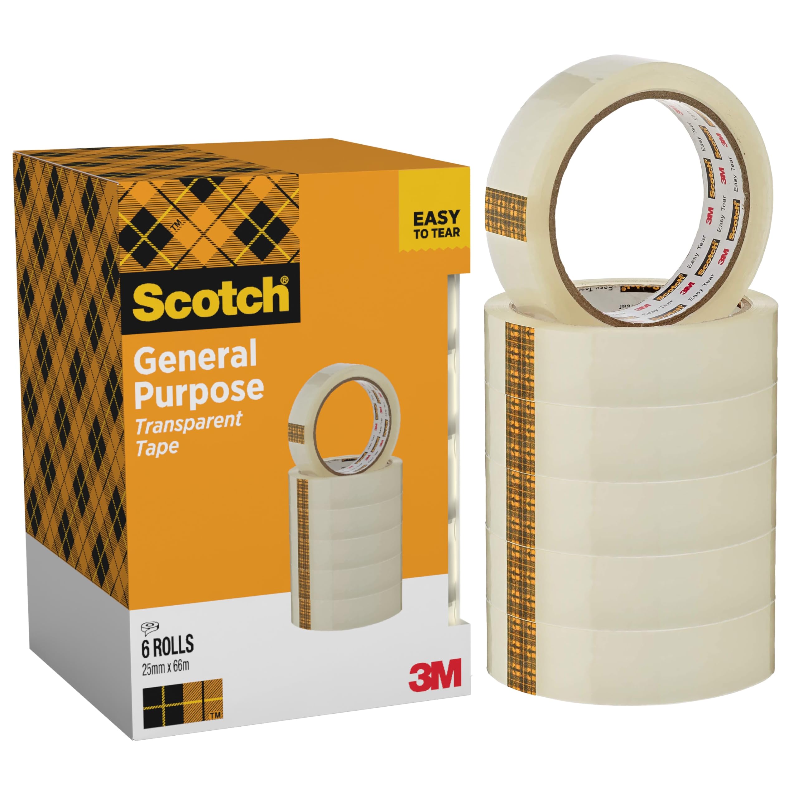 Scotch 508 Transparent Tape, Pack of 6 Rolls, 25 mm x 66 m - Strong and Sticky Tape for General Purpose Wrapping, Sealing and Mending - Cardboard Pack