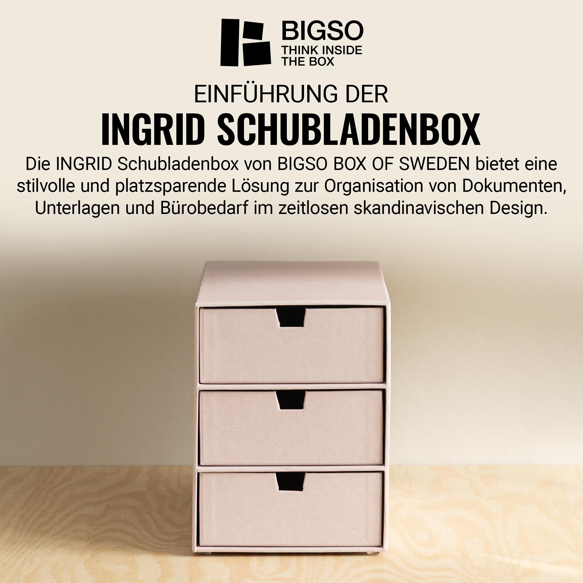 BIGSO INGRID Schubladenbox für Dokumente und Bürobedarf – Schreibtisch Organizer mit 3 Schubladen – Ablagesystem aus 100% recycelter Faserplatte und Papier in Leinenoptik – rosa