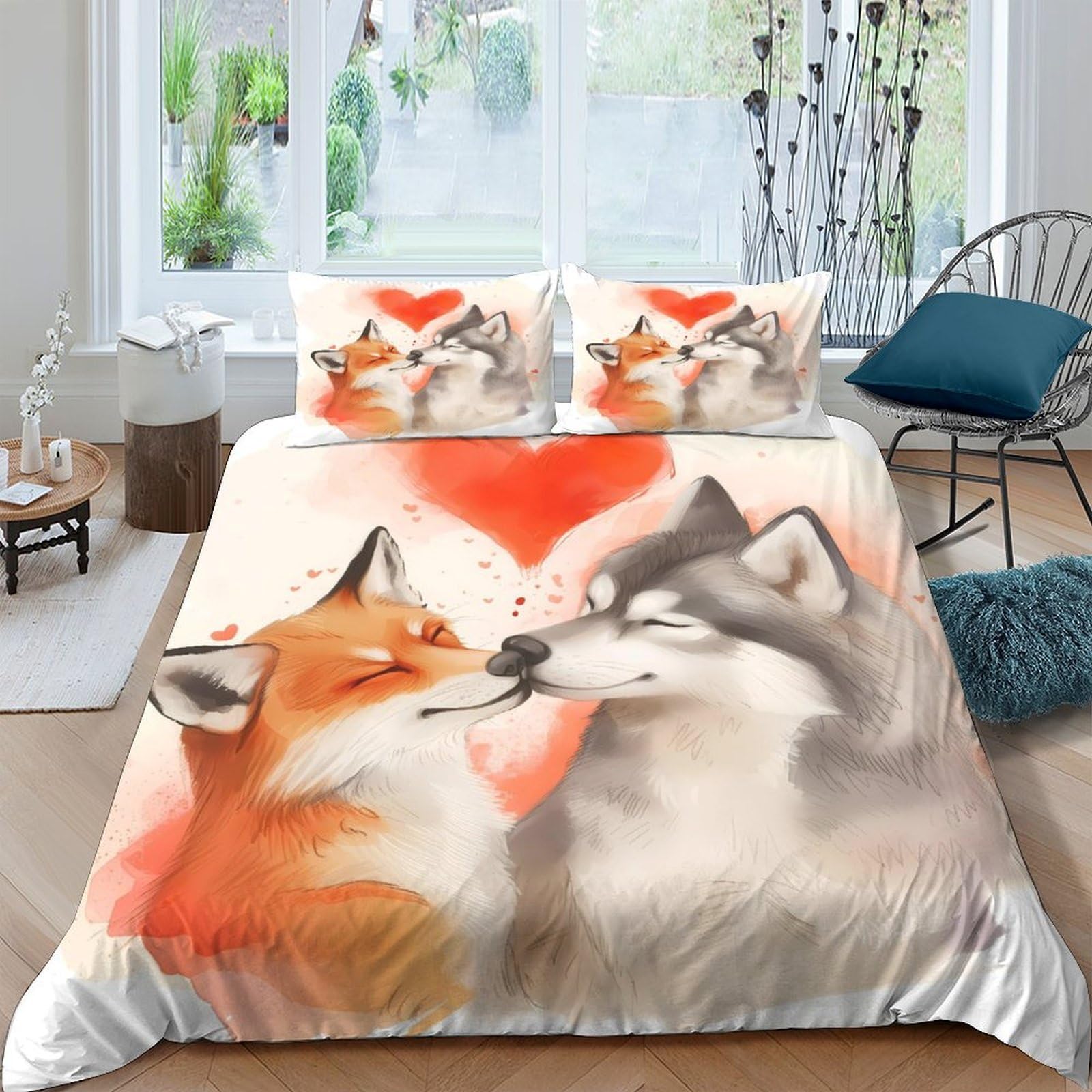 Ctjqhvkz Style-1 3D Printed Fox Wolf Fitted Sheet Microfiber Bedroom Decor Animal Heart Mattress Cover Dustproof Washable Single（135X200cm）
