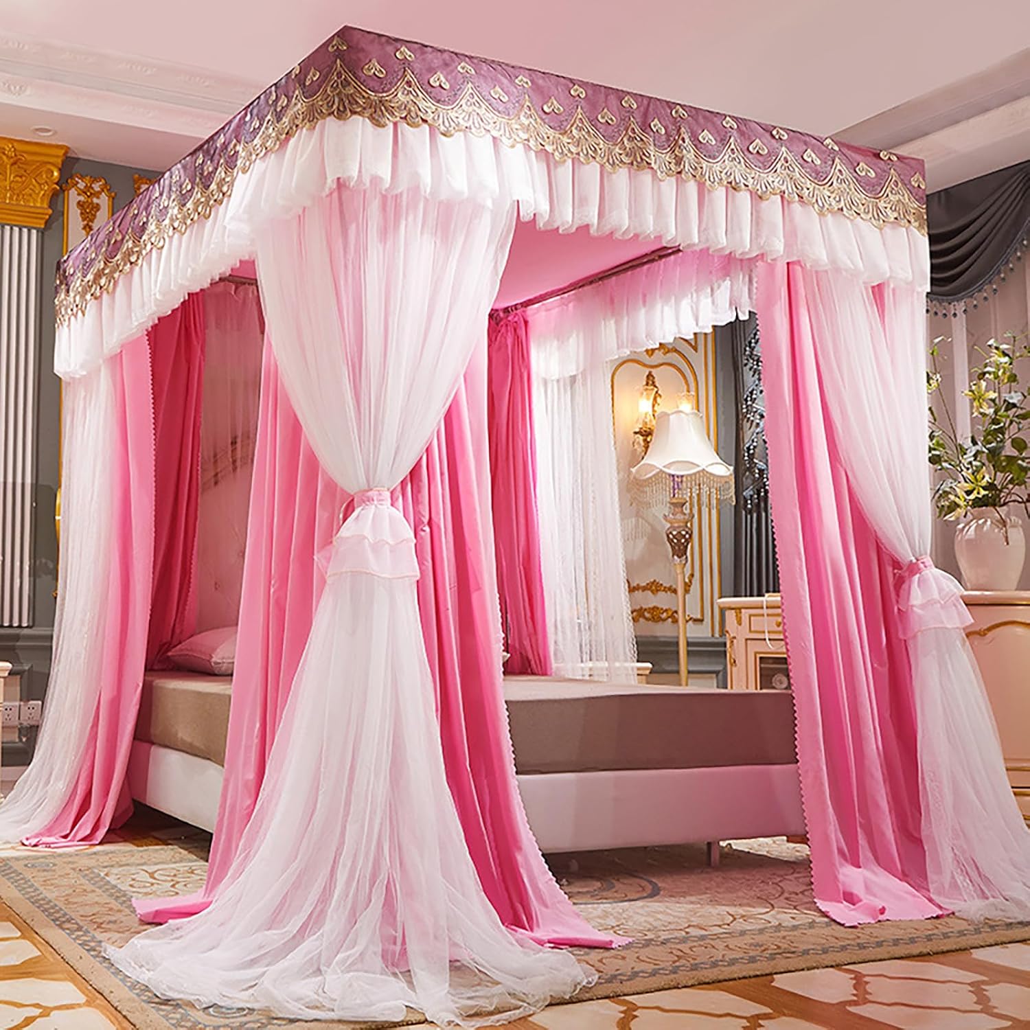 4 Corners Post Bed Canopy, Princess Mosquito Net with Frame, Double Layer Canopy Bed Curtain, Bedroom Decoration Accessories for Girls Bed,Pink,180×220×200cm