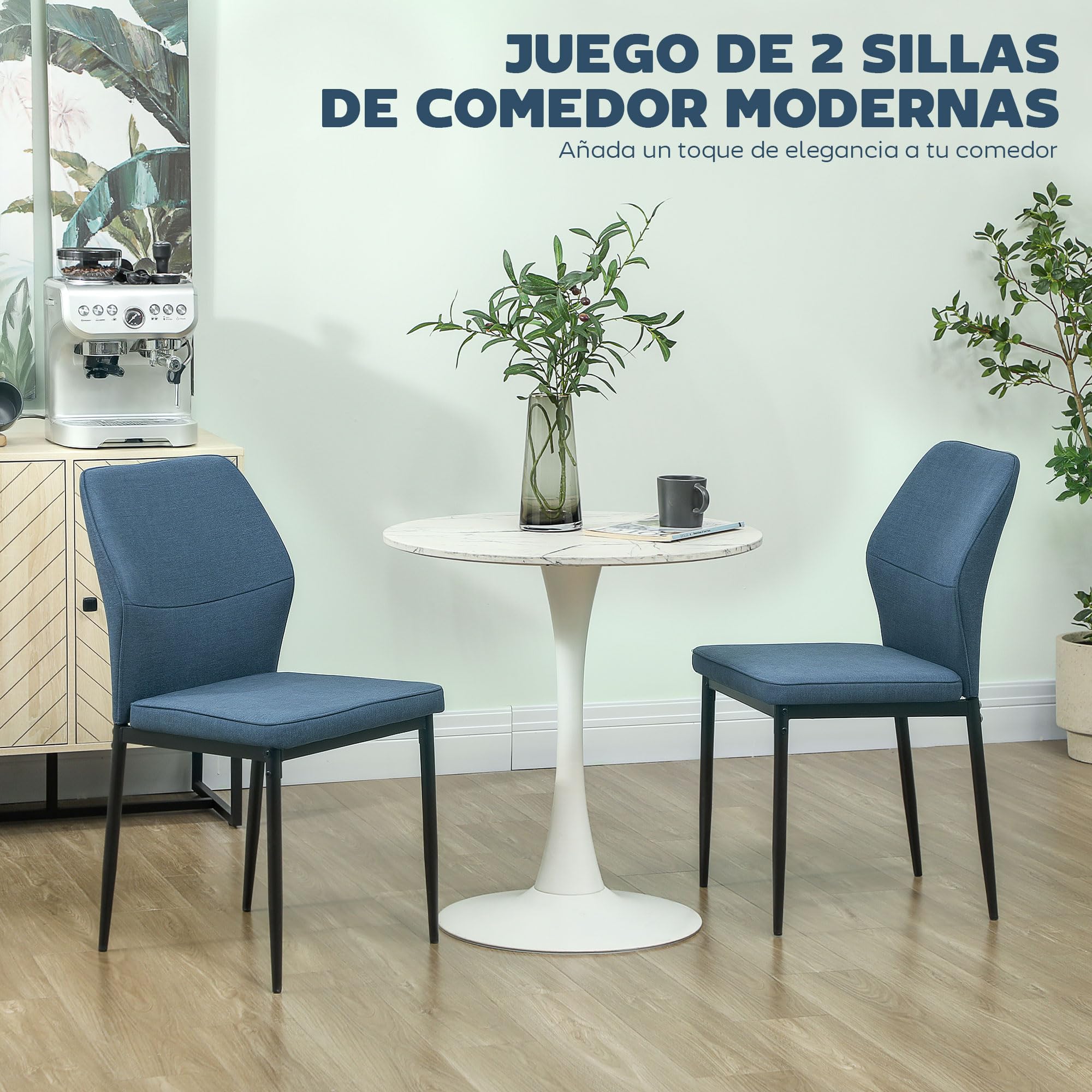 HOMCOM Juego de 2 Sillas de Comedor Modernas Sillas de Cocina con Asiento Acolchado y Tapizado Respaldo Curvo Patas de Acero para Salón Dormitorio Azul