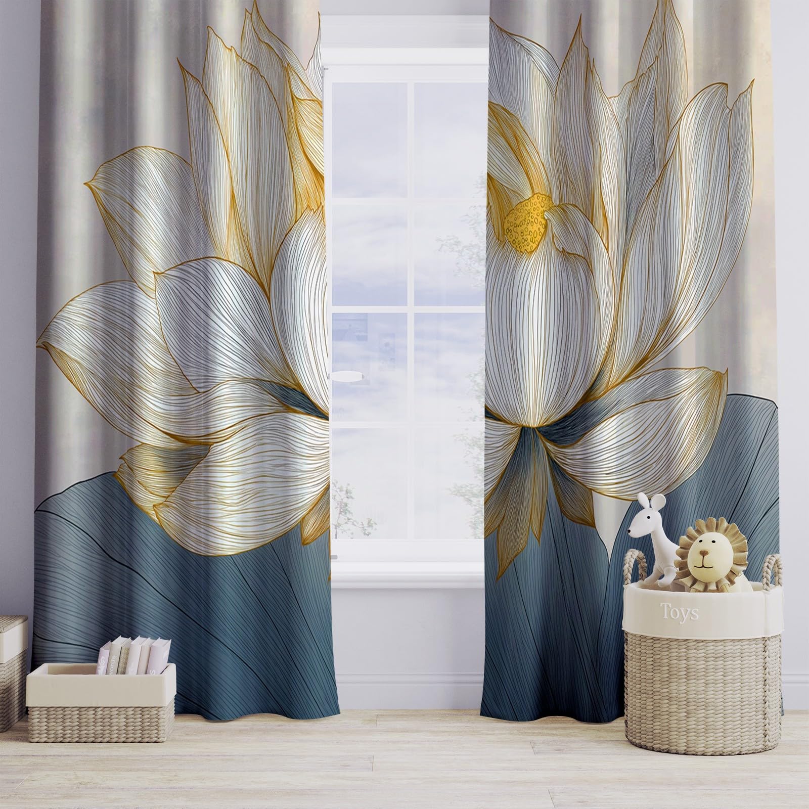 Generico Akwarela elegancka zasłona 91,5 l x 214 cm (2 panele) z oczkami, termiczne zasłony zaciemniające z izolacją termiczną w paski kwiatowe do pokoju i sypialni