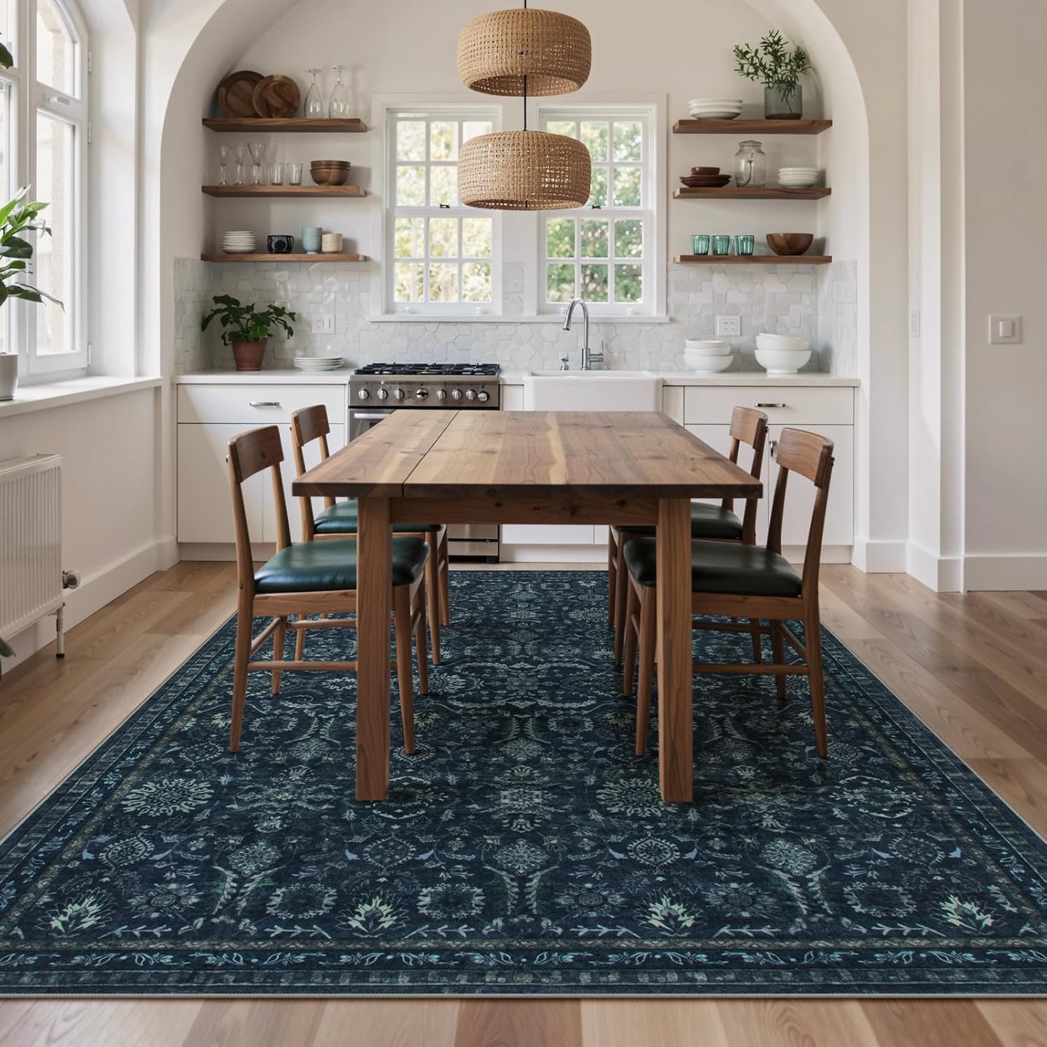 Lahome Mirae Navy Blue 8x10 Area Rugs for Living Room,Boho Machine Washable Dining Room Area Rugs,Dark Vintage Thin Stain Resistant Carpets for Bedroom Dorm Home Office