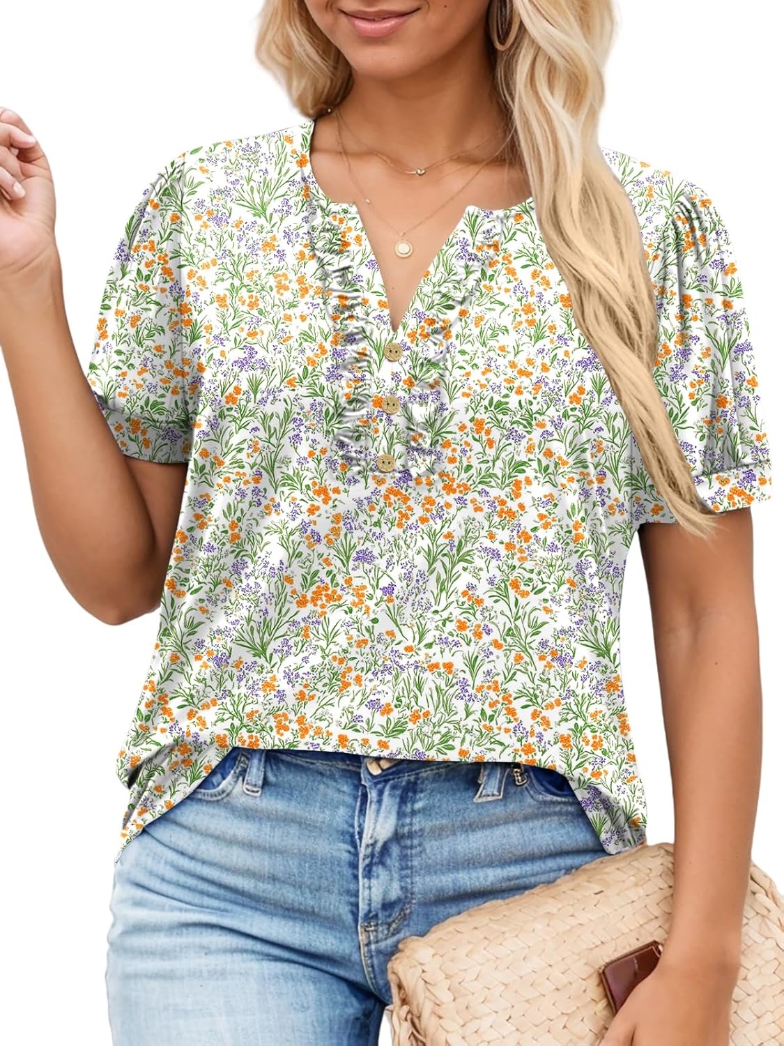 VISLILY Womens-Plus-Size-Summer-Tops Dressy Ruffle V Neck T Shirts Trendy Puff Short Sleeve Tunics Casual Buttons Up Blouses