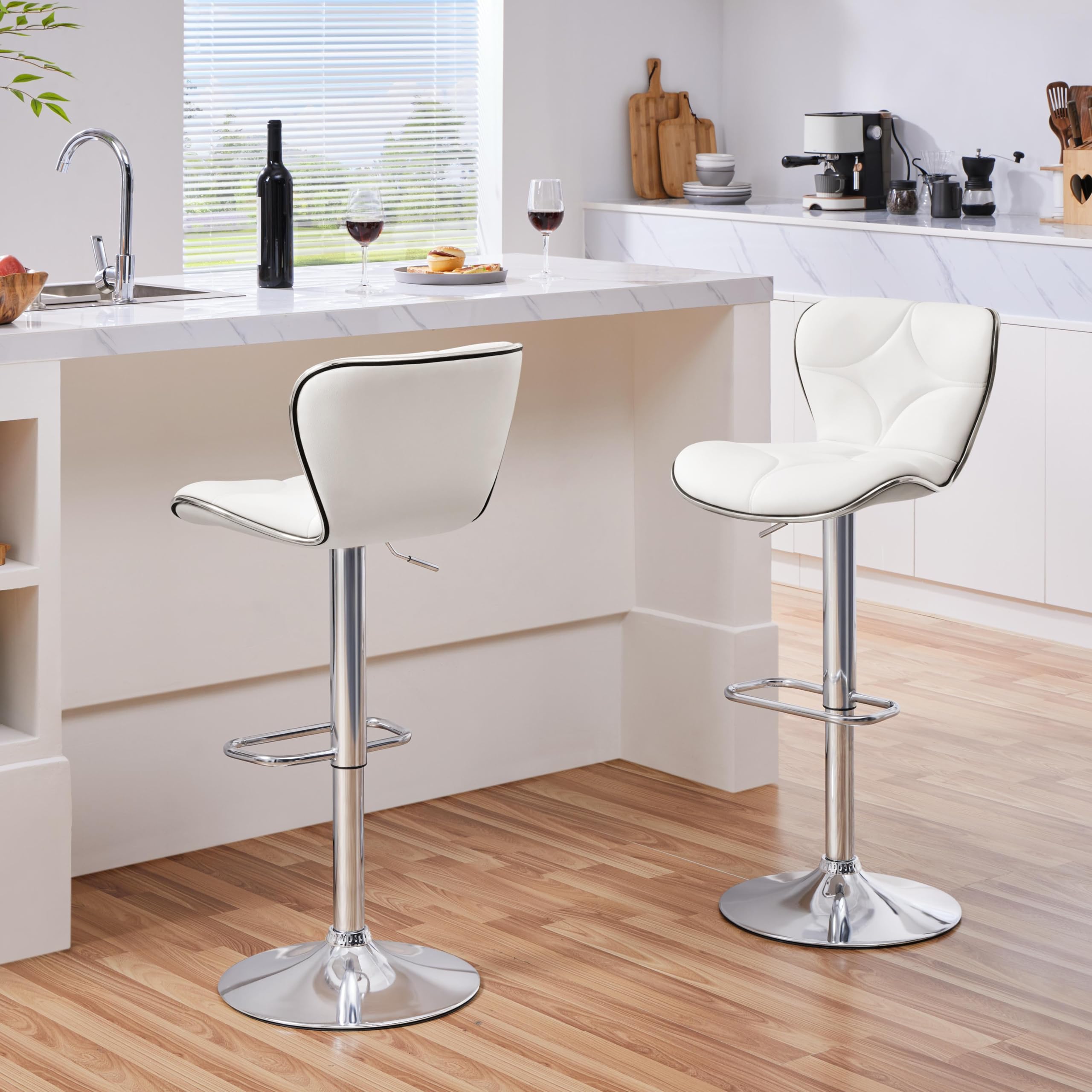 Yaheetech Set 2 Sgabelli Bar Alti Cucina Moderni Design Altezza Regolabile in Similpelle con Schienale a Conchiglia Poggiapiedi Girevole 360° da Penisola Bianchi