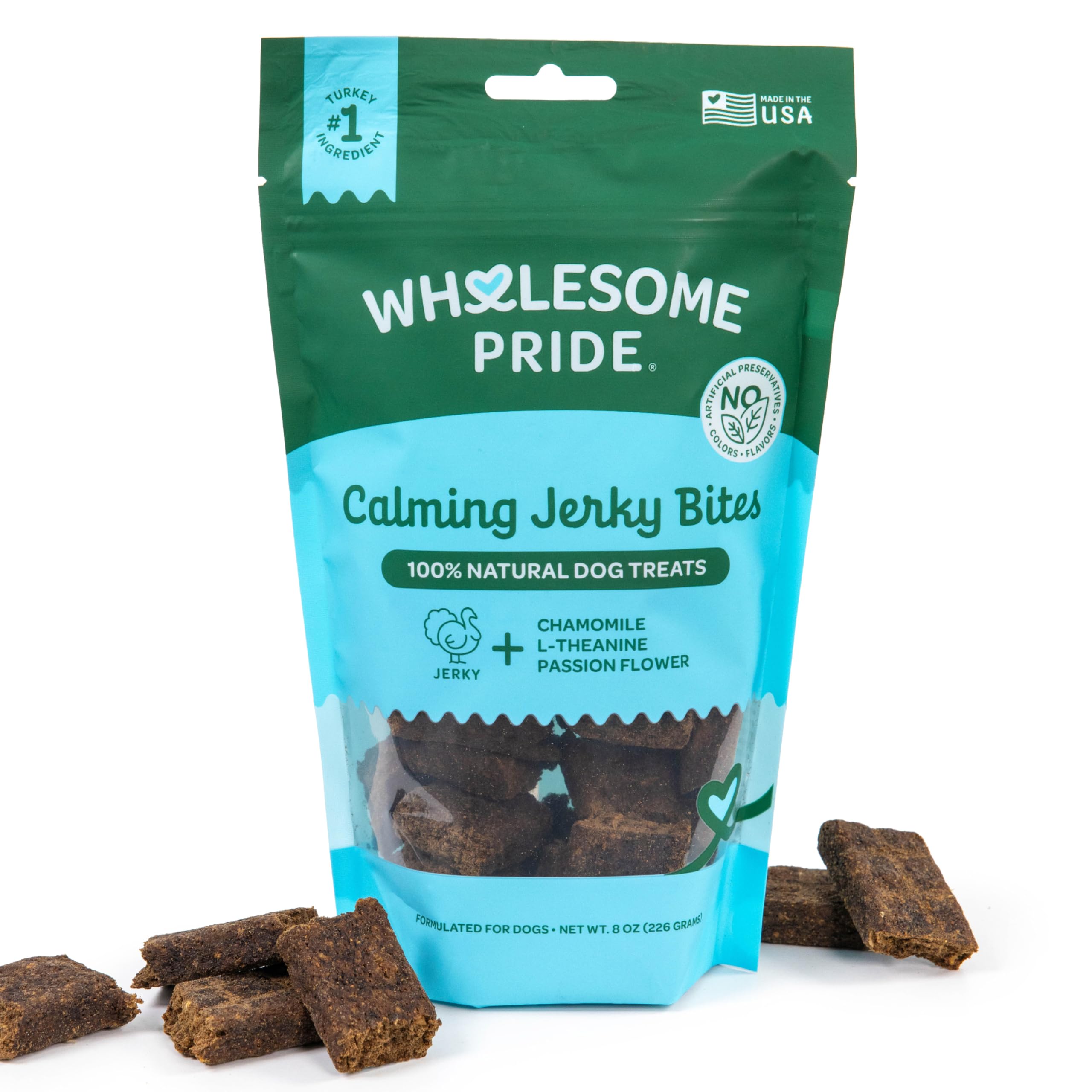 Wholesome Pride Functional Calming Support Turkey Jerky Bites, USA Made Calming Dog Treats - 8 oz
