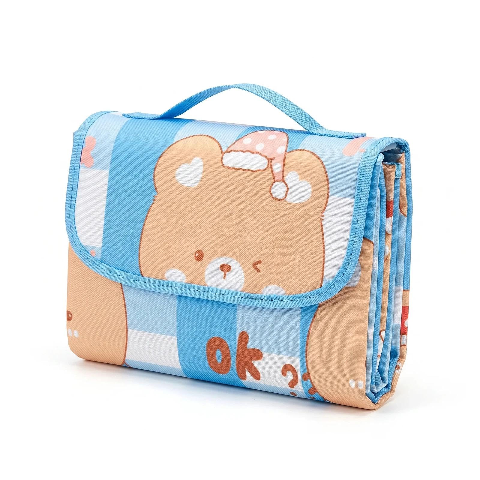 HUANYO Waterproof Picnic Blanket 200x300cm, Extra Large Foldable & Washable Outdoor Mat with Carry Handle, Cute Bear Print Beach Blanket for Camping, Hiking, Park, Travel (BLUE)