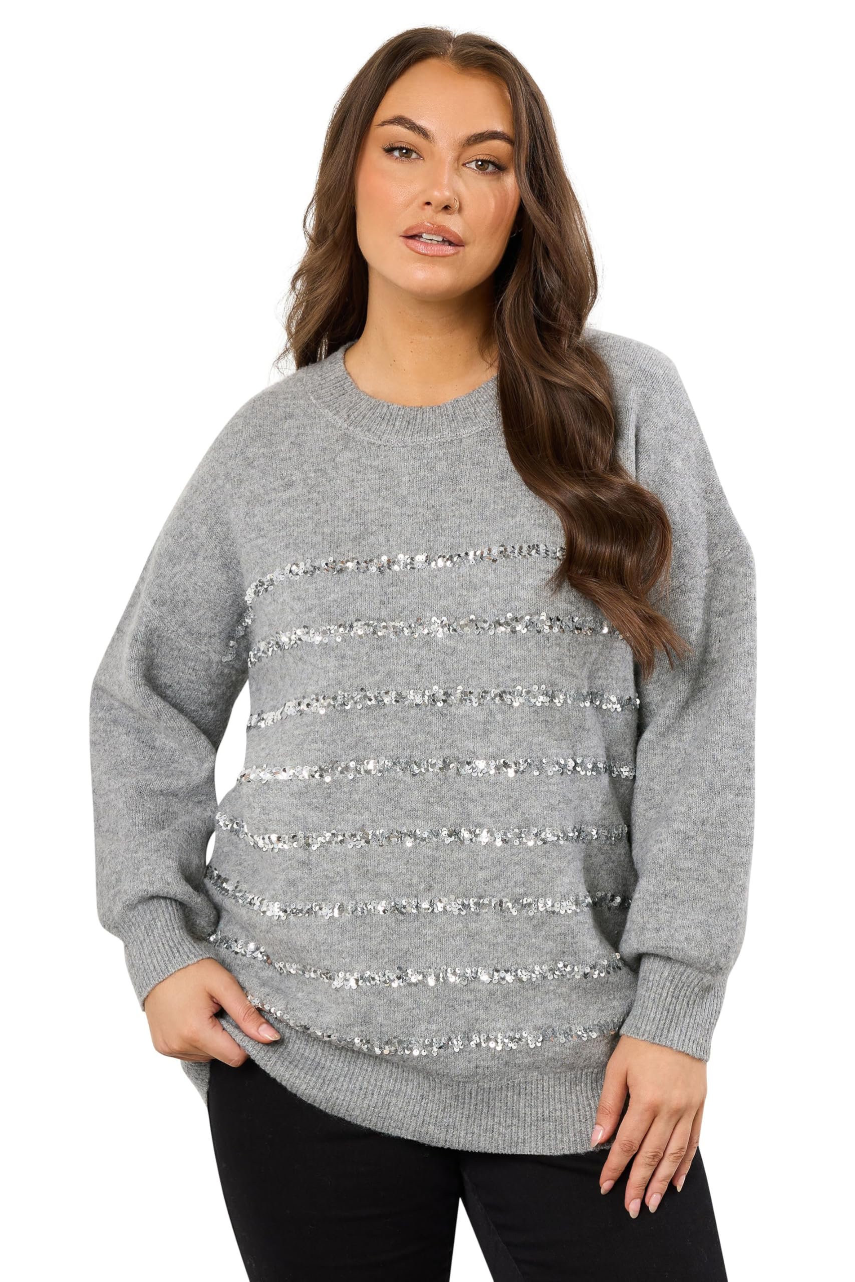 Evans Women's Grey Curve Sequin Embellished Stripe Jumper - Plus Size Curve