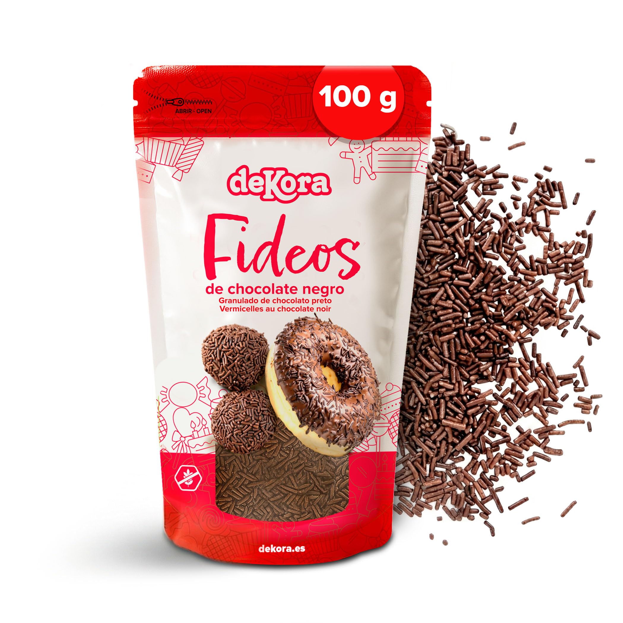 Dekora Fideos de Chocolate 100 g – Topping sin gluten Decoración comestible Tartas Postres Cupcakes Sprinkles Cacao Repostería Creativa