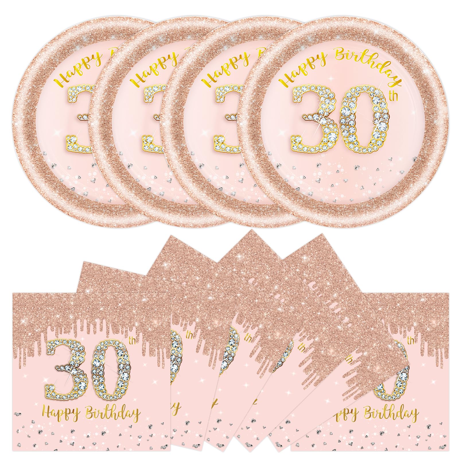 DHAIQC 50 Pcs 30th Birthday Paper Plates and Napkins Party Supplies, 7 Inch Rose Gold 30th Party Plates and Napkins Tableware Set for Women Girl Anniversary 30 th Birthday Decorations (30th)
