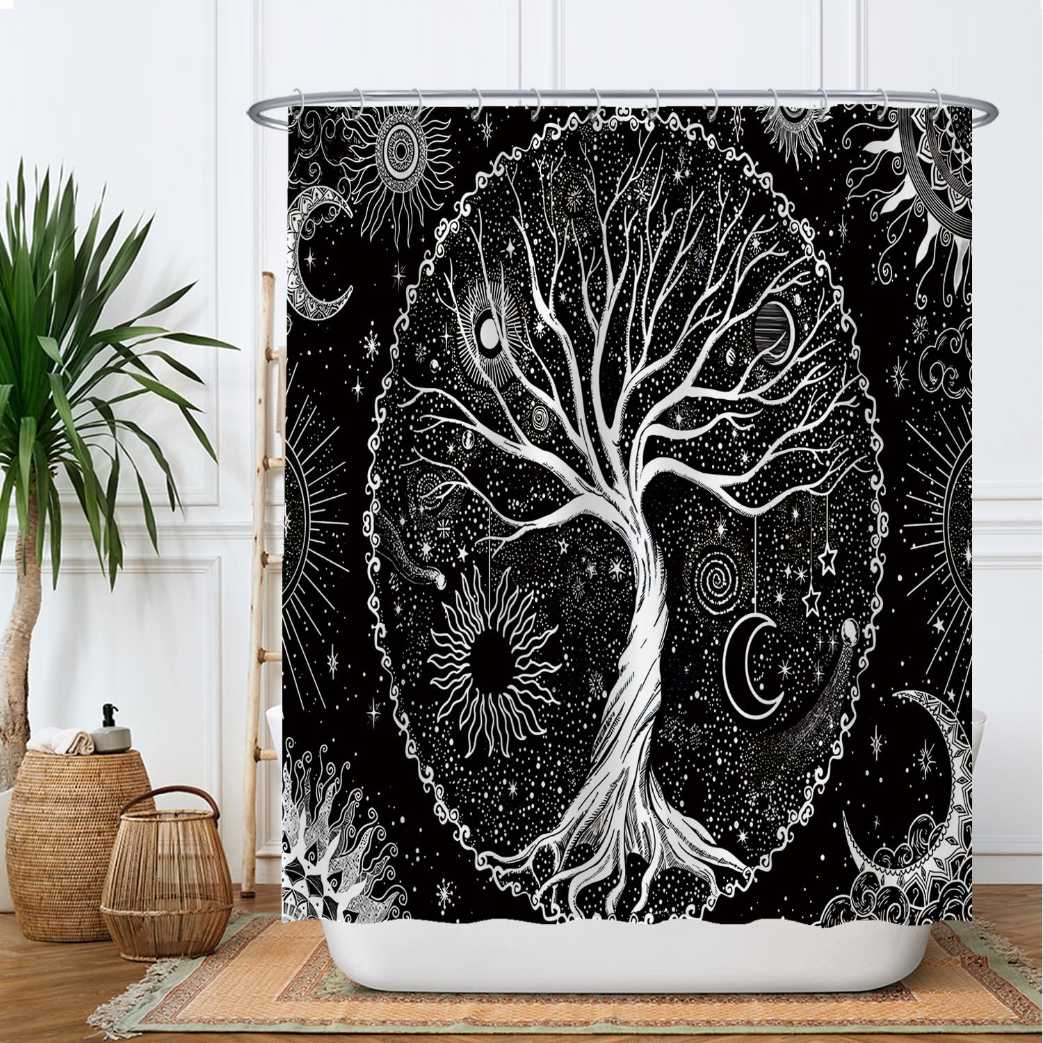 Ulticool Duschvorhang - Baum des Lebens Schwarz Weiß - 180 x 200 cm – Waschbar – Wasserdicht - Anti Schimmel - mit 12 Ringe