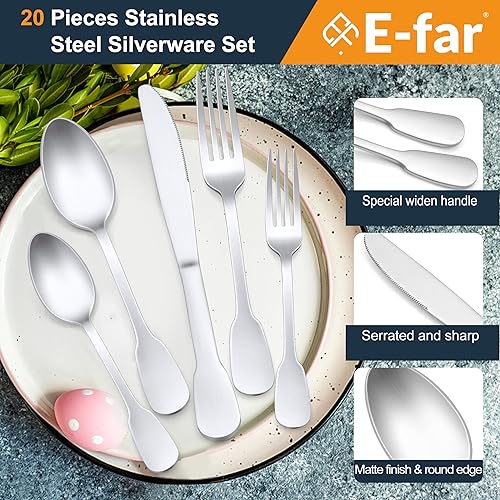 Miniatura 3 de E-far Juego de cubiertos mate para 4, 20 piezas de cubiertos de acero inoxidable para el hogar, cocina, restaurante, tenedores, cucharas y cuchillos