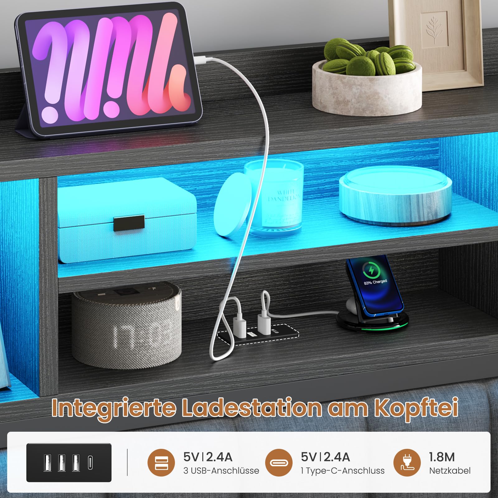 AOGLLATI Bett 140x200 mit Hydraulischem Stauraum & Kopfteil Stauraum Polsterbett Jugendbett mit LED Beleuchtung und Ladestation Doppelbett Bettgestell mit Lattenrost aus Holz(Schwarz, 140x200cm)