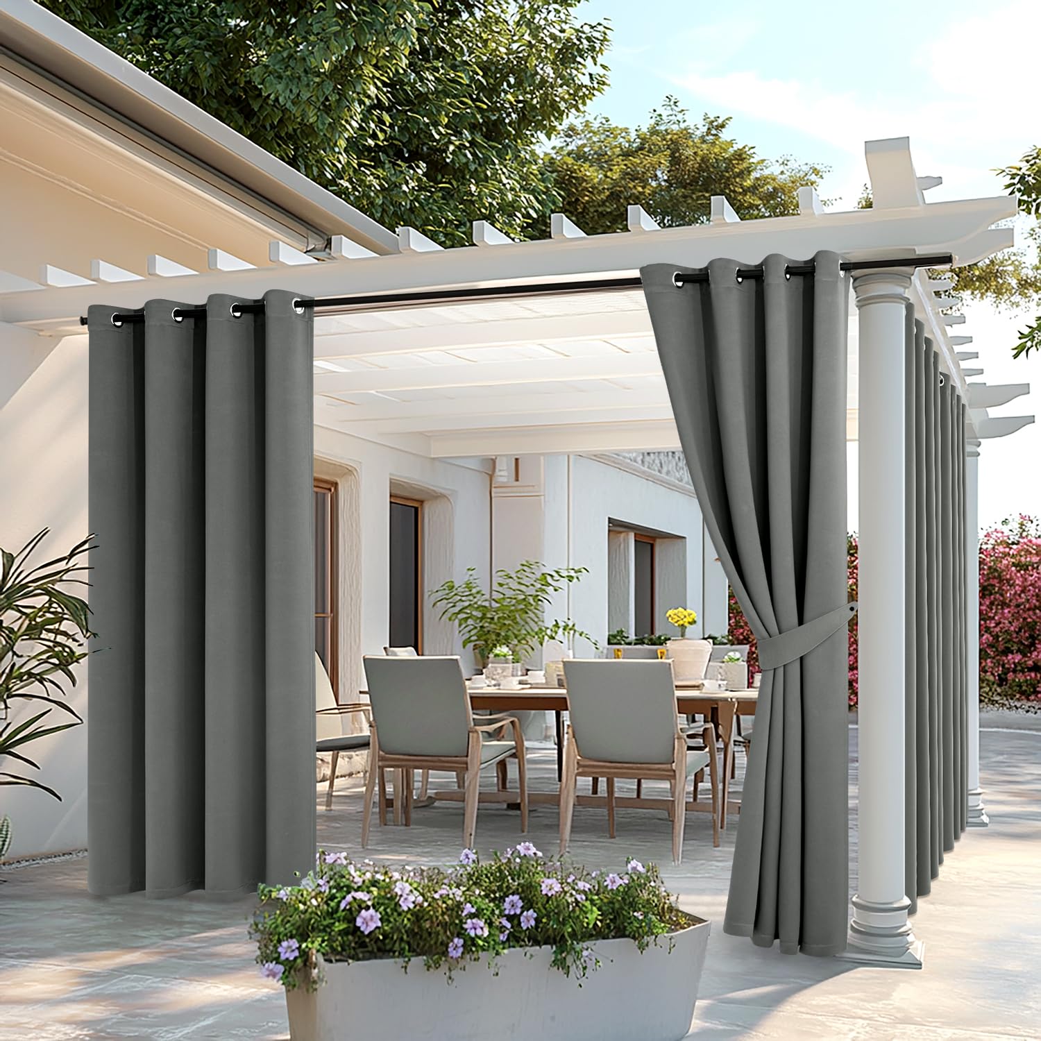 MIULEE Outdoor Vorhang 2 Stücke Outdoorvorhänge Wetterfest mit Ösen, Blickdicht Sonnenschutz Wasserdicht Outdoor Außen Gardine für Garten Terrasse Pavillon Veranda Balkon B 140 x H 235 cm Grau
