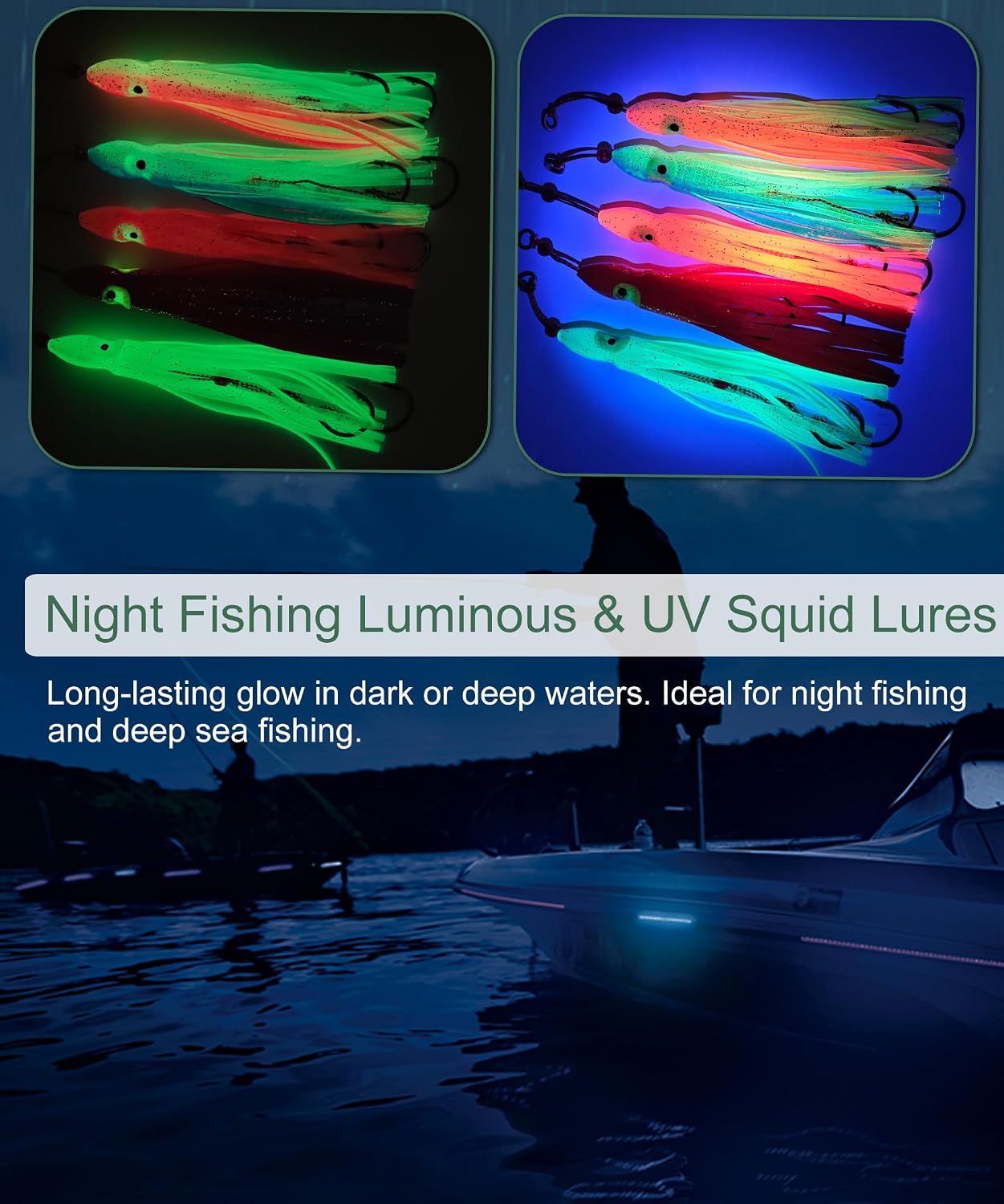Luminous Squid Soft Baits Saltwater Squid Lures 5pcs Pre-Rigged Glow Squid Jig with Assist Hooks UV Octopus Skirt Lures Night Fishing Saltwater Trolling Hoochies for Salmon, Snapper & Trout