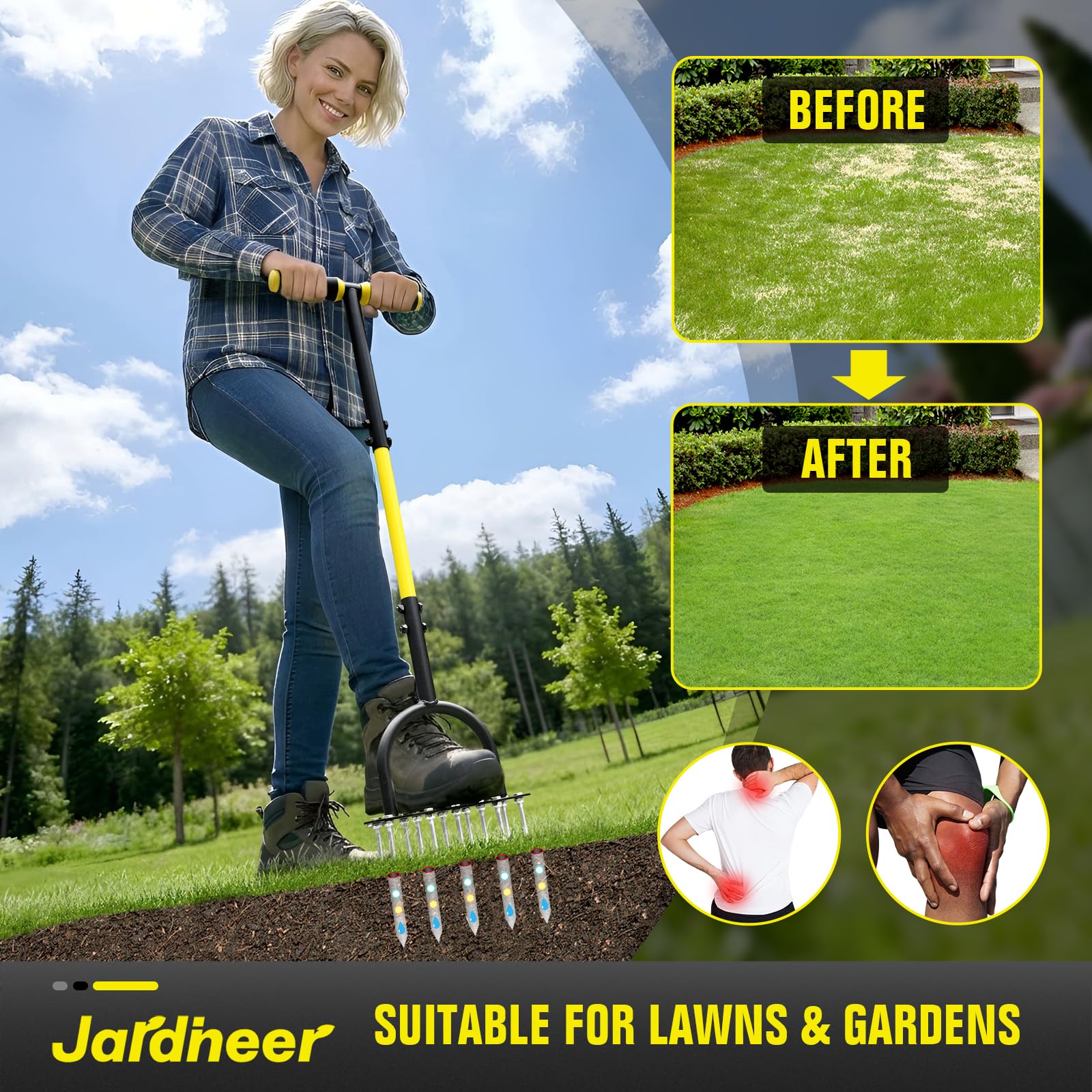 Jardineer Aeratore per prato, aeratore manuale con 12 punte in acciaio ispessite, aeratore pre-assemblato per allentamento del terreno e aerazione del cortile in prato, cortile e giardino
