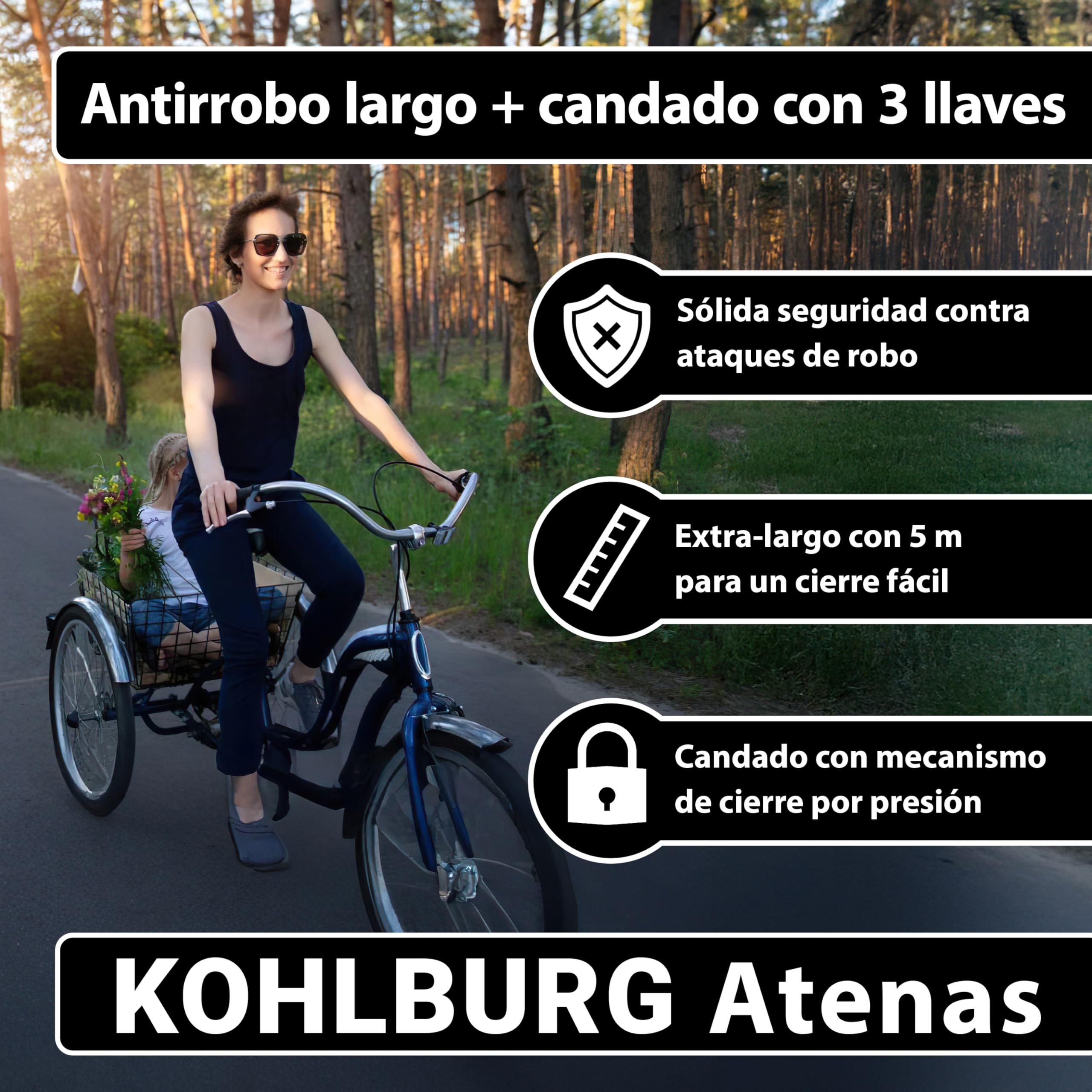 KOHLBURG Candado bicicleta de cable [500 cm, de acero, con 3 llaves] antirrobo – de cierre rápido, 5 m con bucle para bici, candado patinete electrico, remolque, cochecito, carrito de bebé y muebles