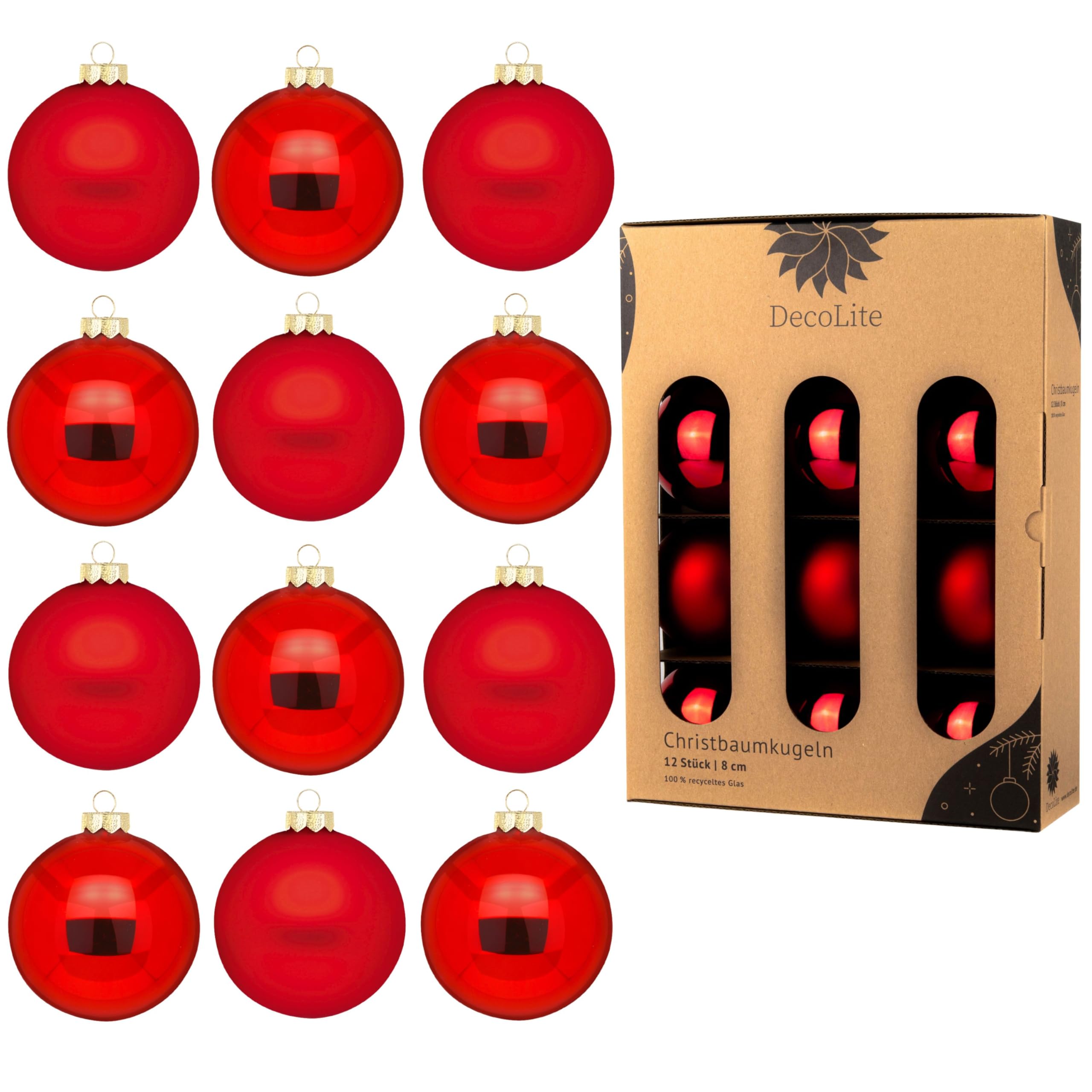 Christbaumkugeln aus Glas Ø 8 cm (12 Stück) - Rot - matt/glänzend