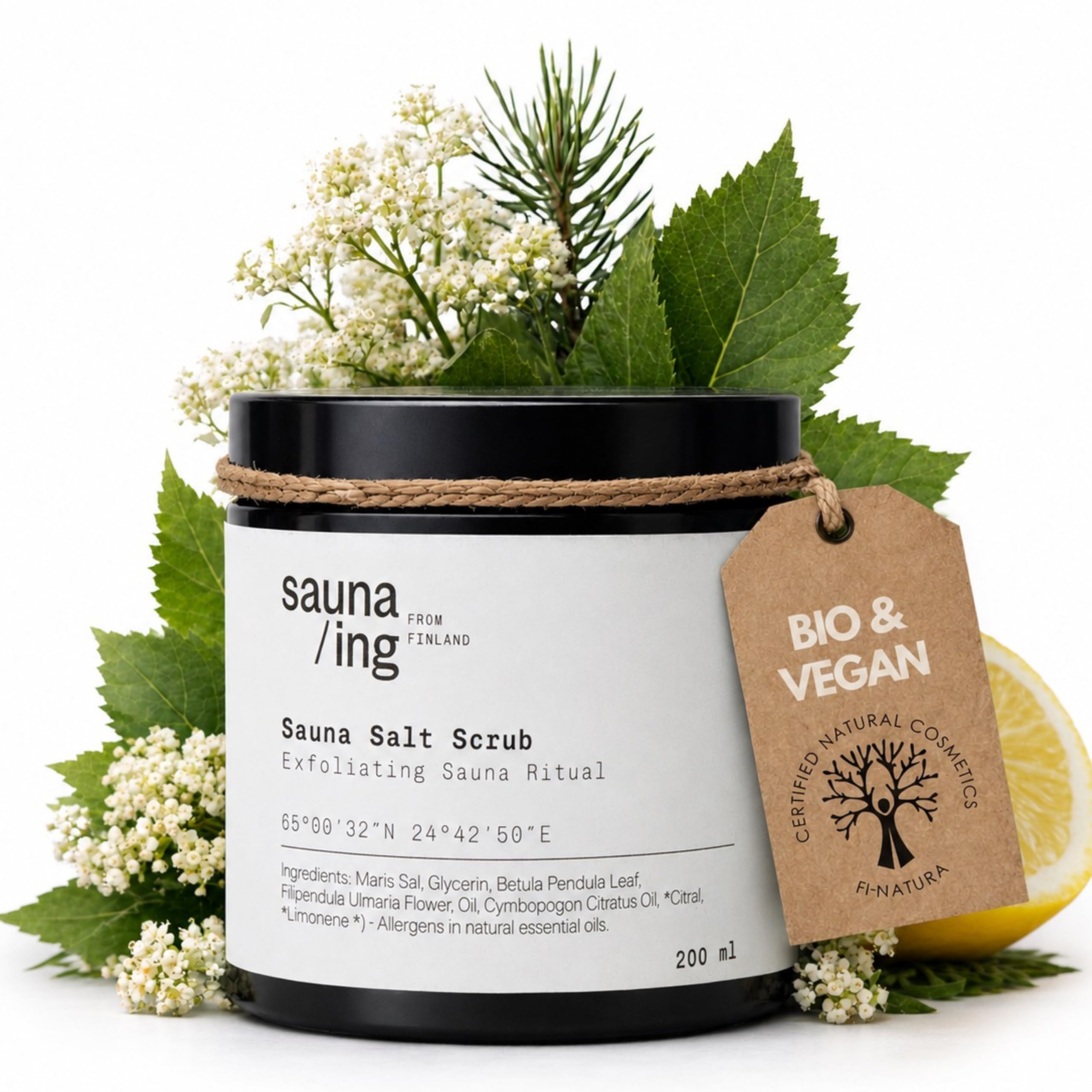 Sauna Salz Peeling Kiefer & Zitronengras 200 ml – Meersalz Körperpeeling für Sauna & Dusche – Salz-zu-Gel Peeling, feuchtigkeitsspendend & glättend – Vegan, Made in Finland