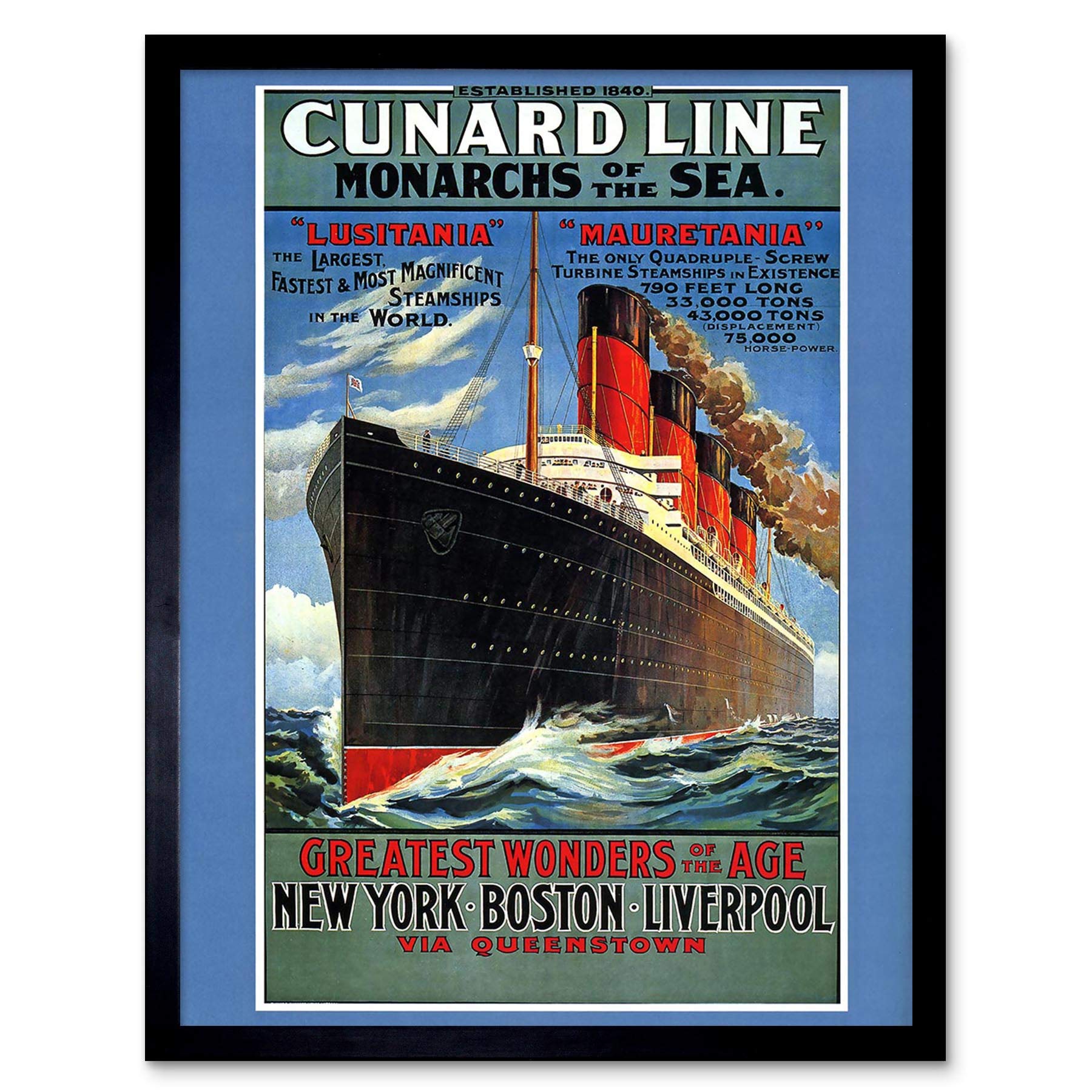 Wee Blue Coo Travel Transport Lusitania Mauretania Cruise Liner Ship Boat Art Print Framed Poster Wall Decor 12X16 Inch