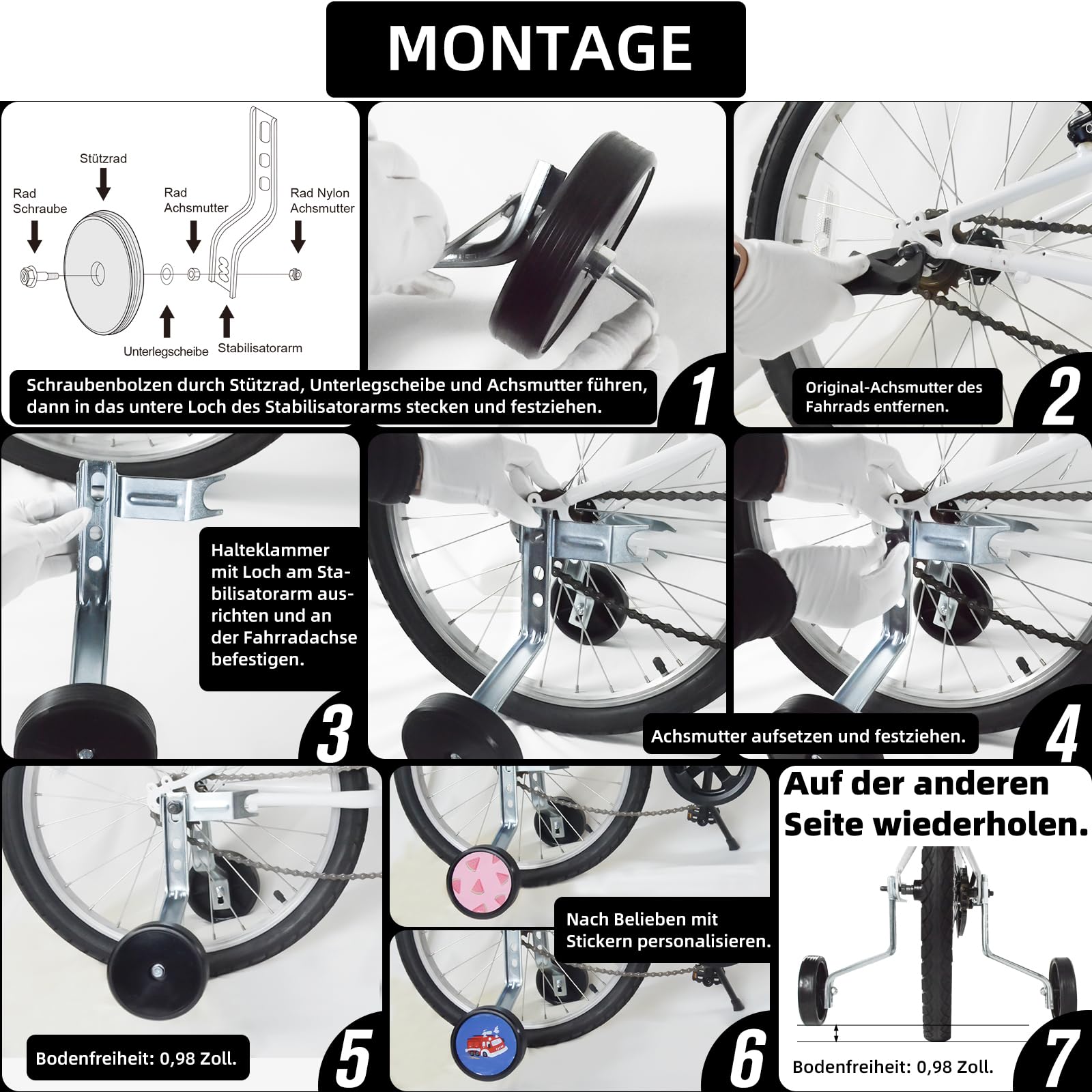 Stützräder Kinderfahrrad 12 14 16 18 20 Zoll | 1 Paar Trainingsräder Stabilisatoren Set für Jungen Mädchen | Einfache Montage für Einfachgang-Fahrräder