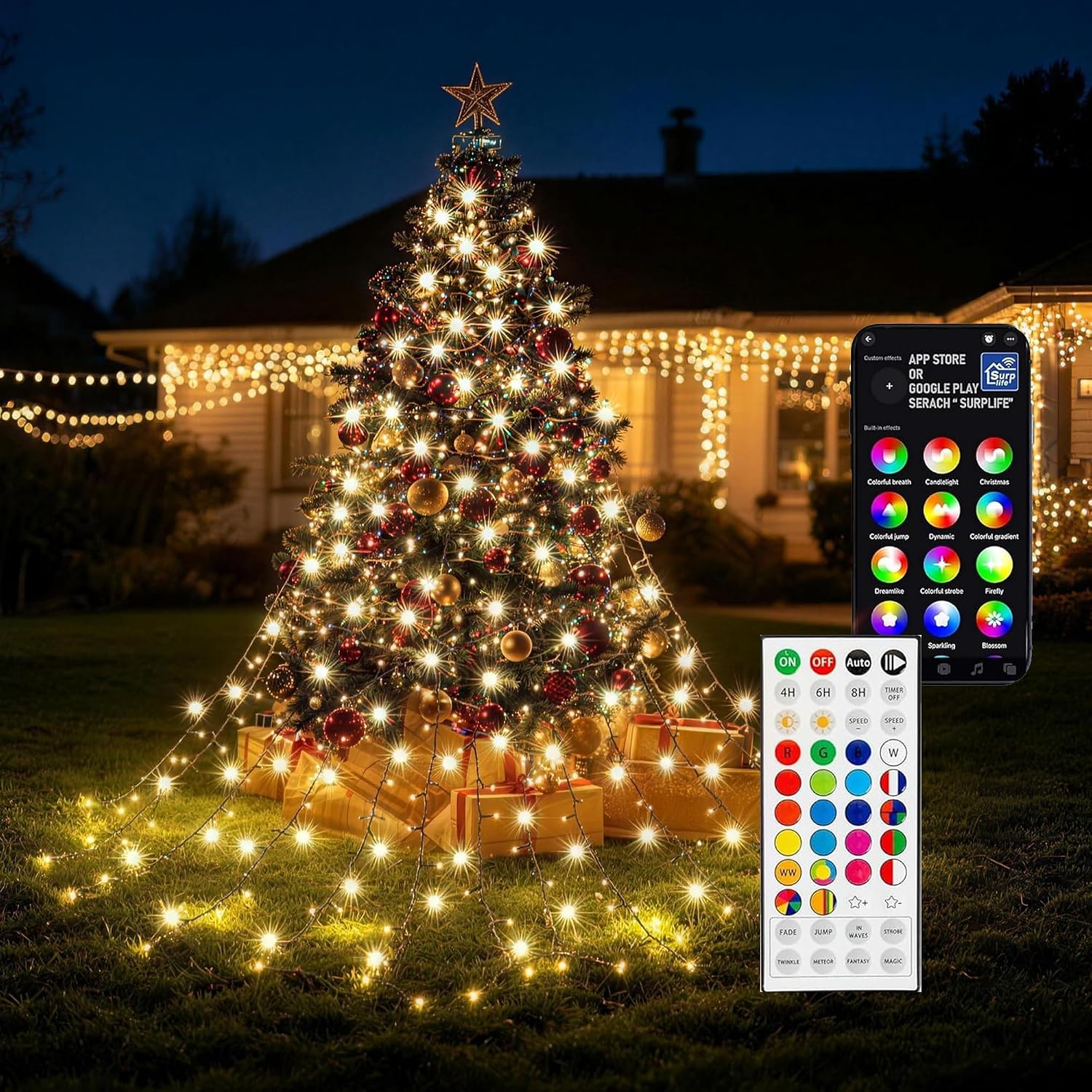 Christmas Tree Lights, 448 LED RGB Color Changing Waterfall Tree Topper Lights, 9.18 ft x 16 Lines, App & Remote Control, Music Sync Timer, 29V Plug-in Lights for Indoor Outdoor Christmas Decor