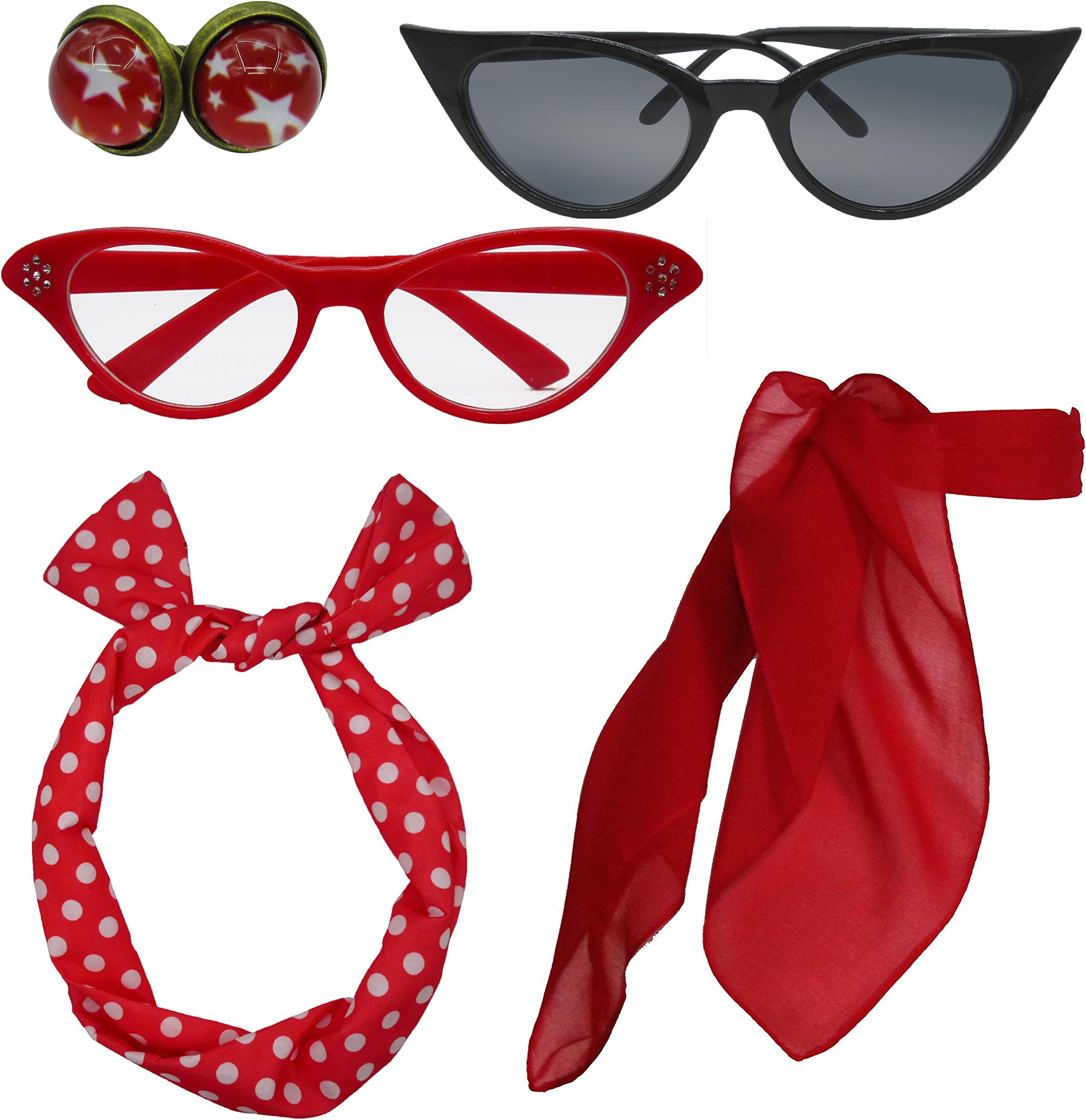Retro 1950s Polka Dot Style Scarf Glasses Headband and Earrings Costume Accessories Set